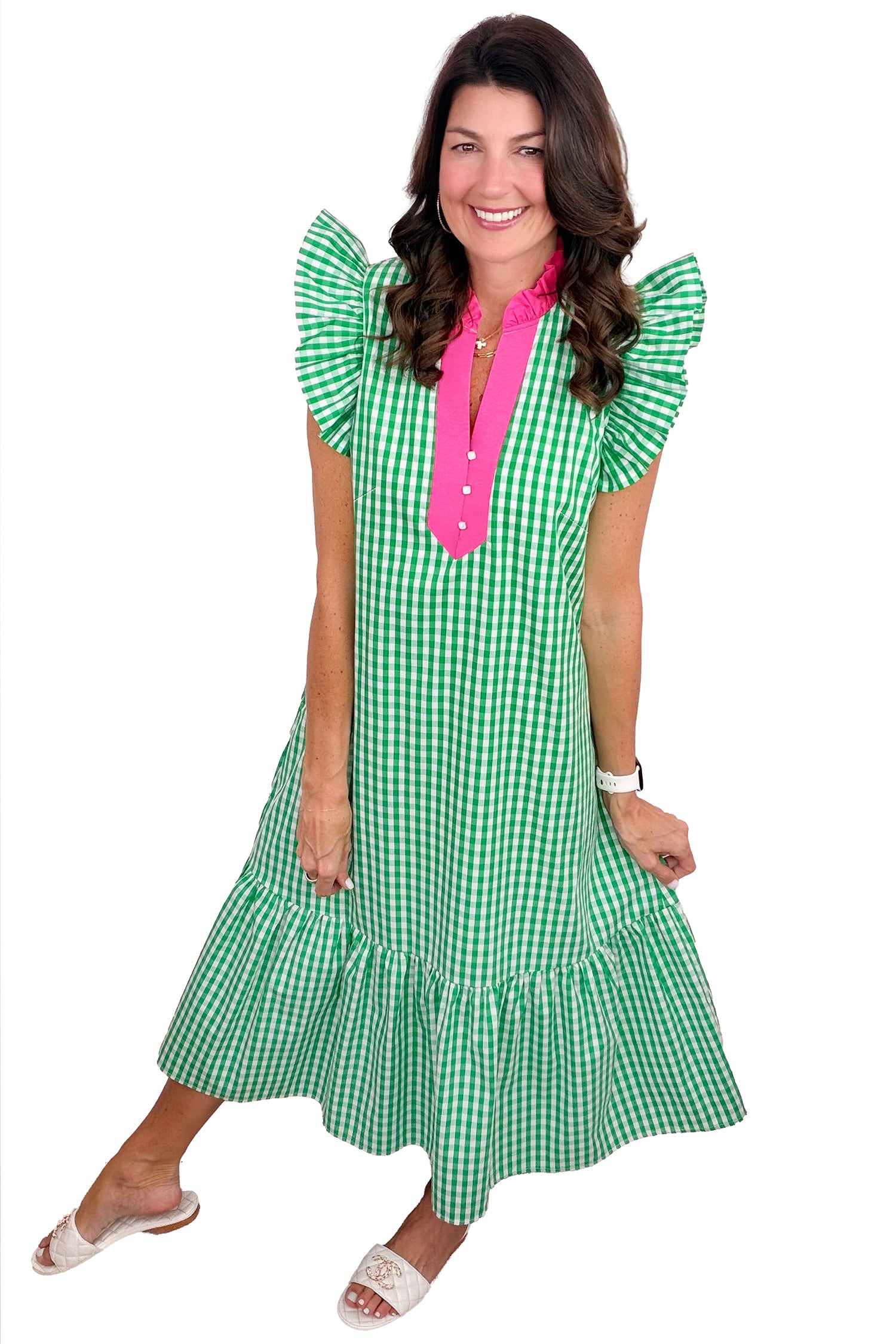 Bright Green Colour Block Plaid Summer Midi Dress S-XL