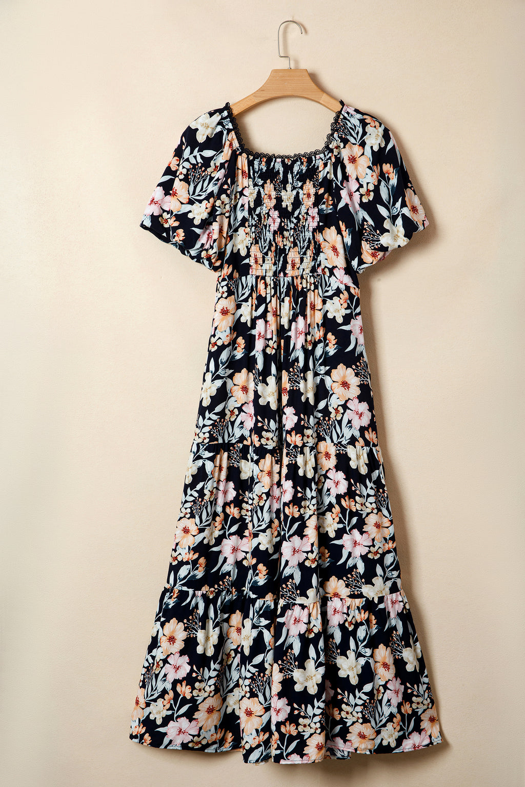 Women's Blue Floral Smocked High Waist Short Sleeve Maxi Dress at LivelyLooks