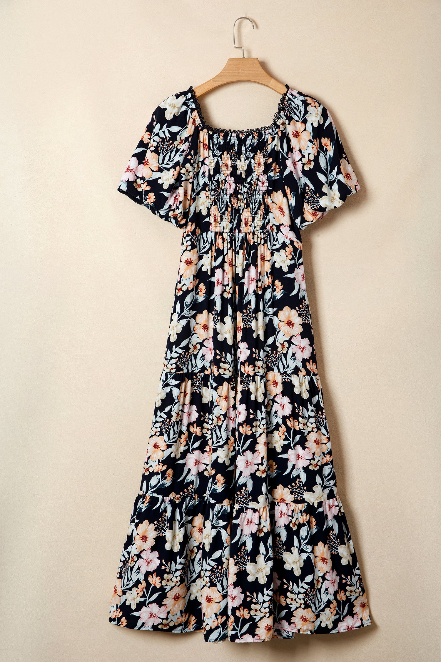 Women's Blue Floral Smocked High Waist Short Sleeve Maxi Dress at LivelyLooks