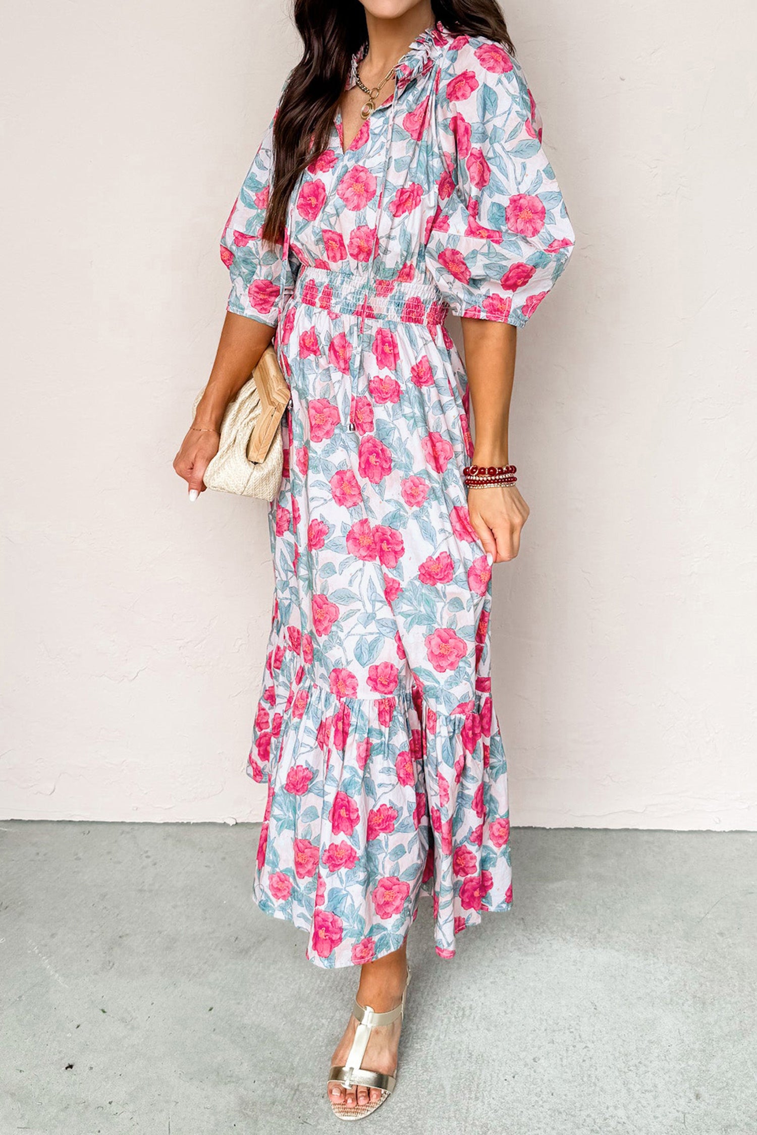Women's Red Elegant Floral Puff Sleeve Midi Dress at LivelyLooks
