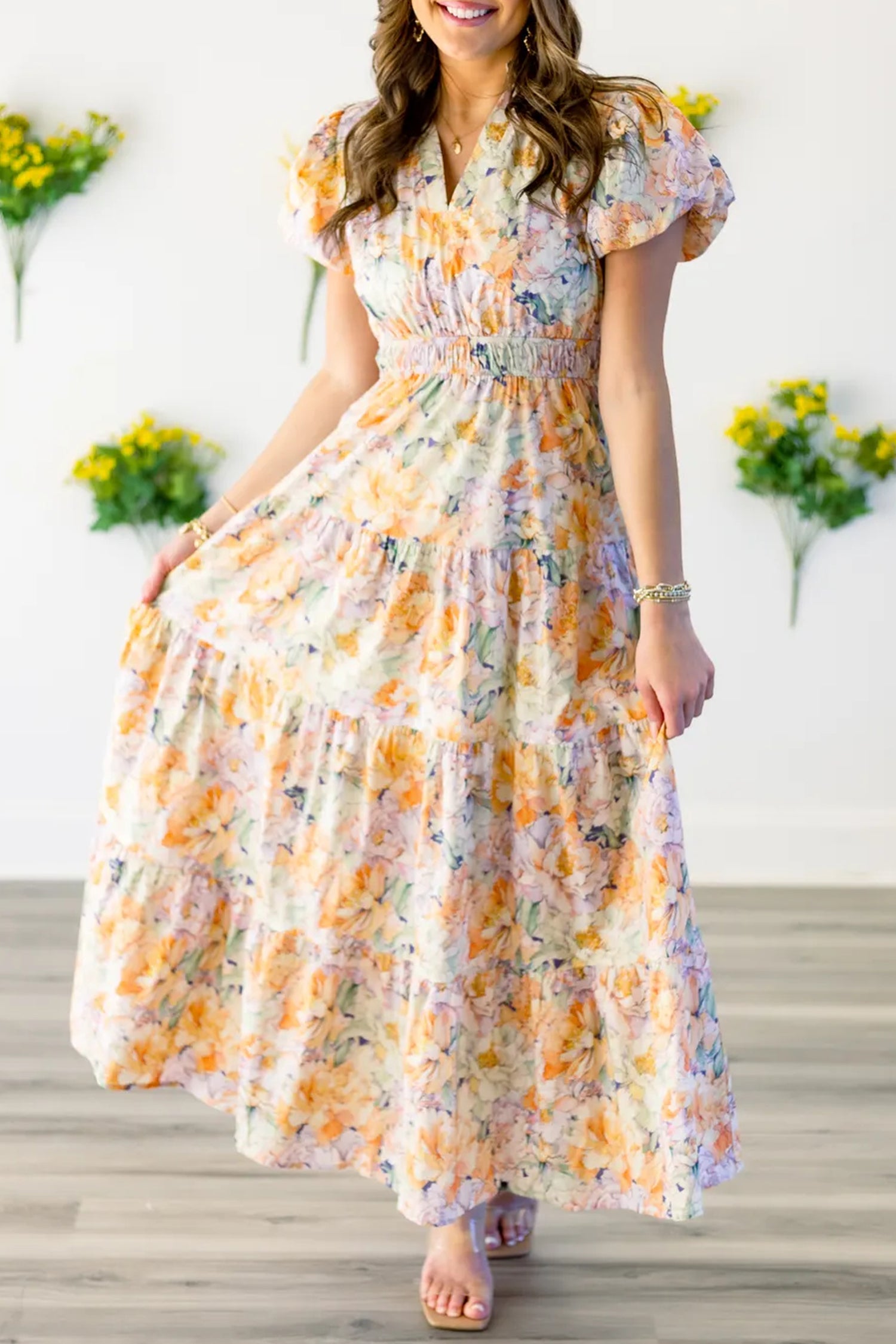 Women's Floral Bubble Sleeve V-Neck Flared Maxi Dress | Orange | S-XL at LivelyLooks