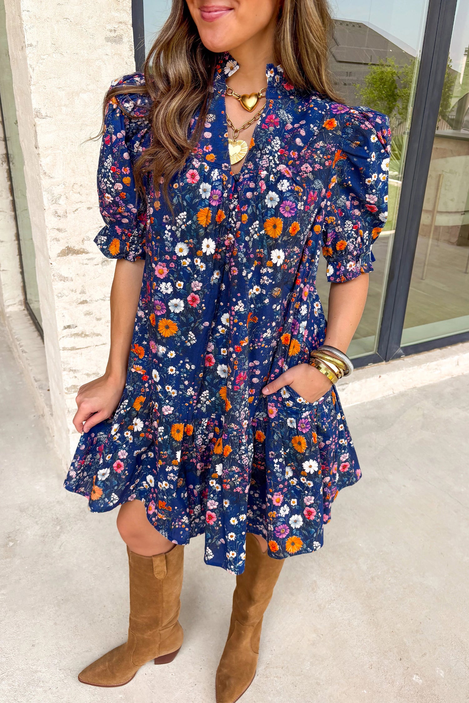Blue Wild Daisy Floral Split Neck Puff Sleeve Mini Dress S-XL