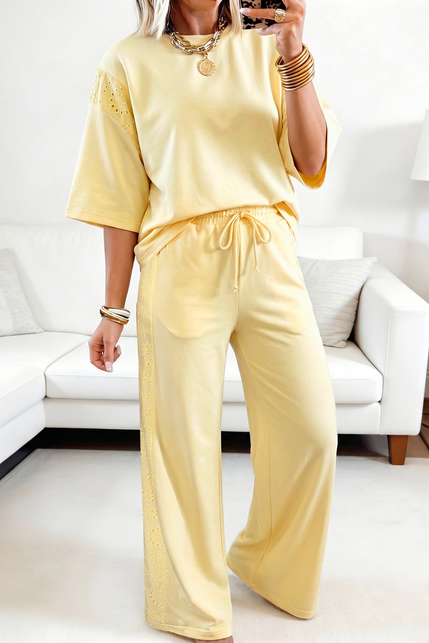 Lace Patchwork Half Sleeve Top & Wide Leg Trousers Set | Pink, Yellow & Green | UK 8–18