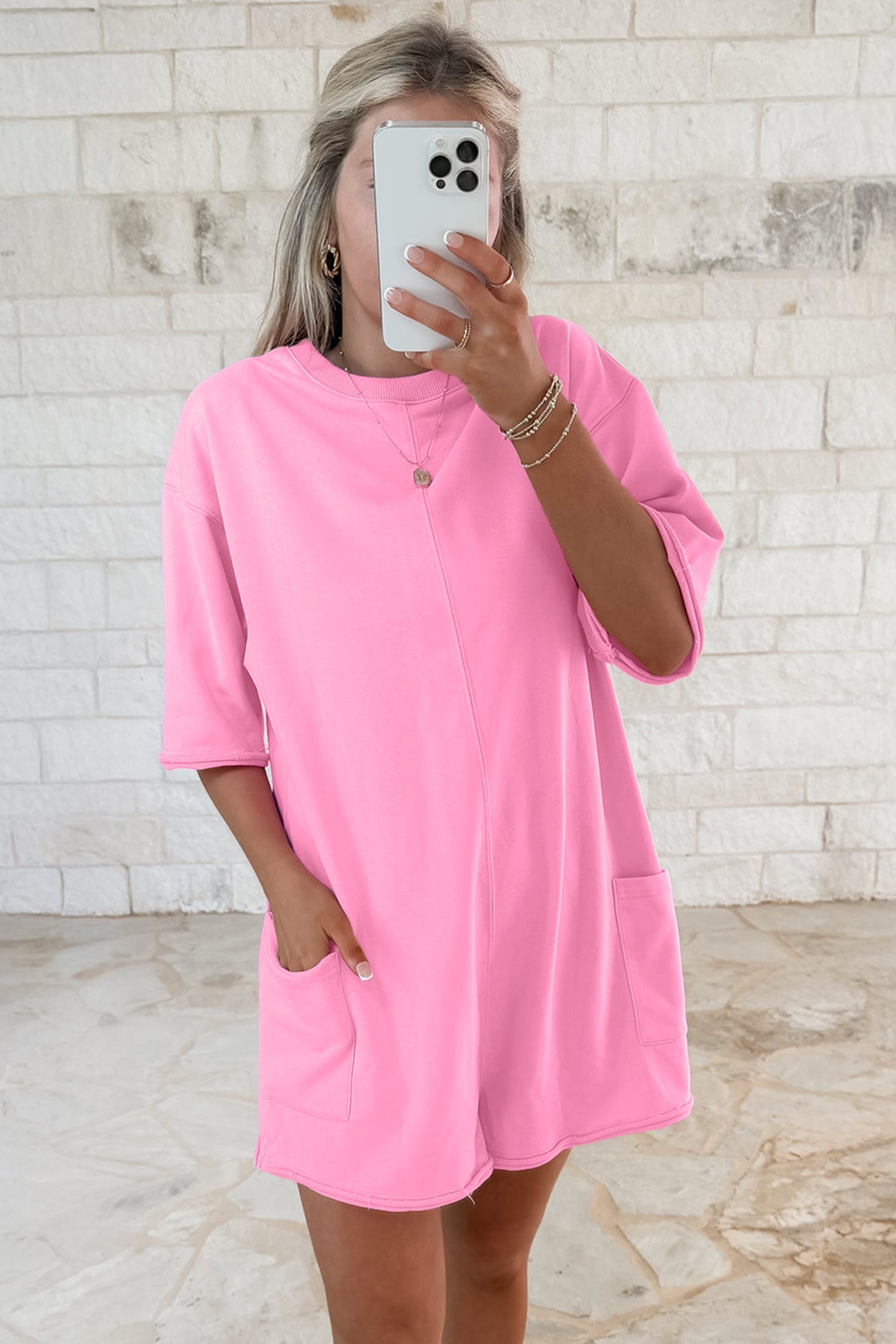 Women's Solid Colour Raw Edge Half Sleeve Pocketed Loose Romper | Green, Pink & Red | UK 8-22 at LivelyLooks