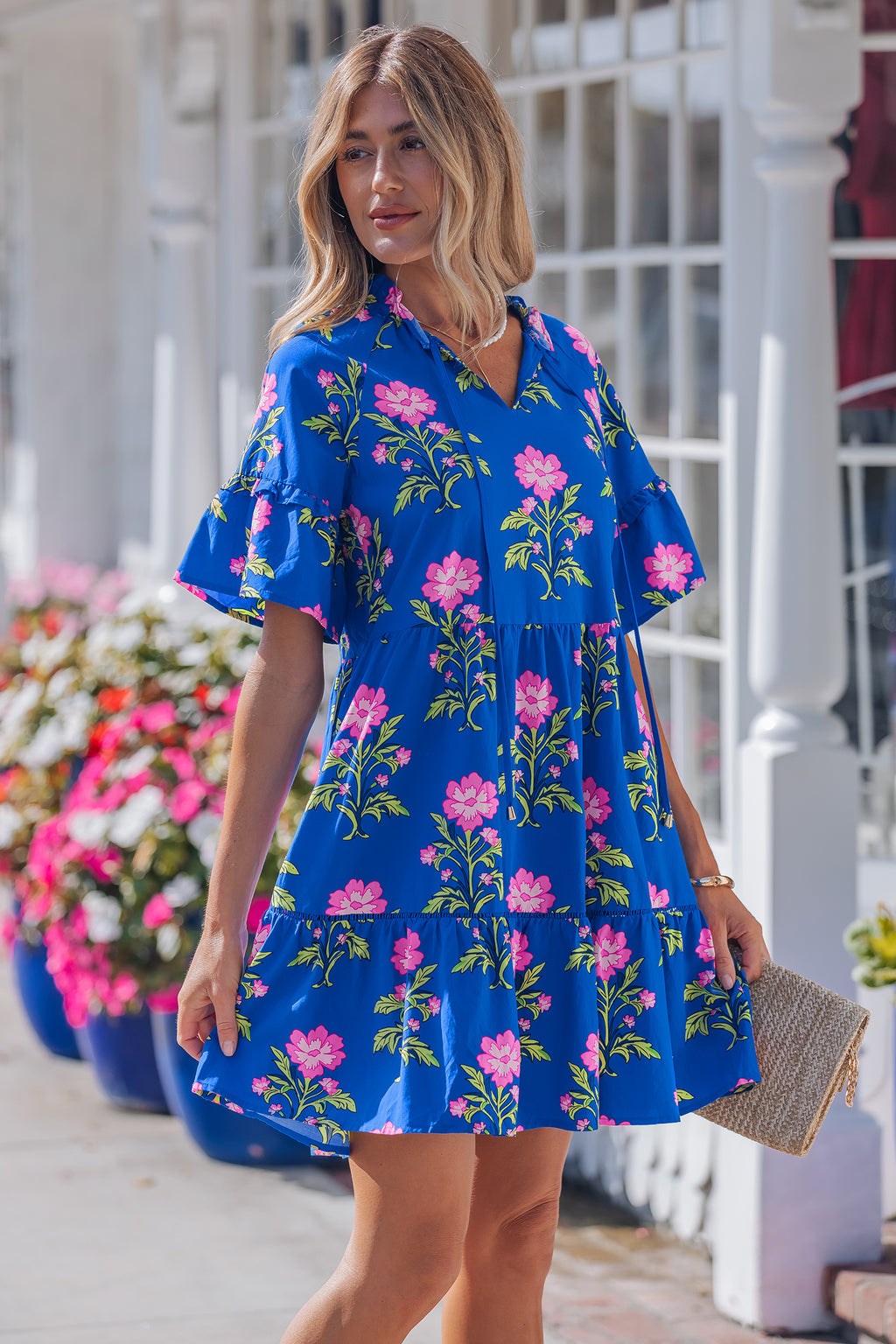 Blue V Neck Short Sleeve Loose Floral Maxi Dress S-XL