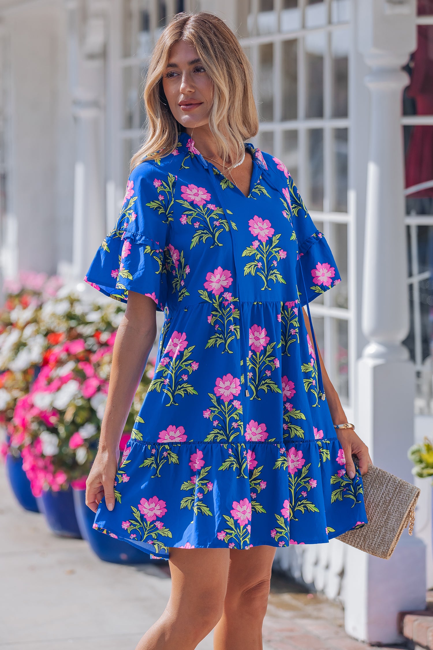 Blue V Neck Short Sleeve Loose Floral Maxi Dress S-XL