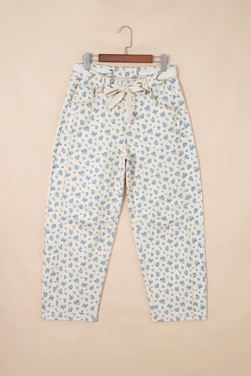 Beige Grommet Knot Waist Floral Barrel Leg Jeans | UK 8–18