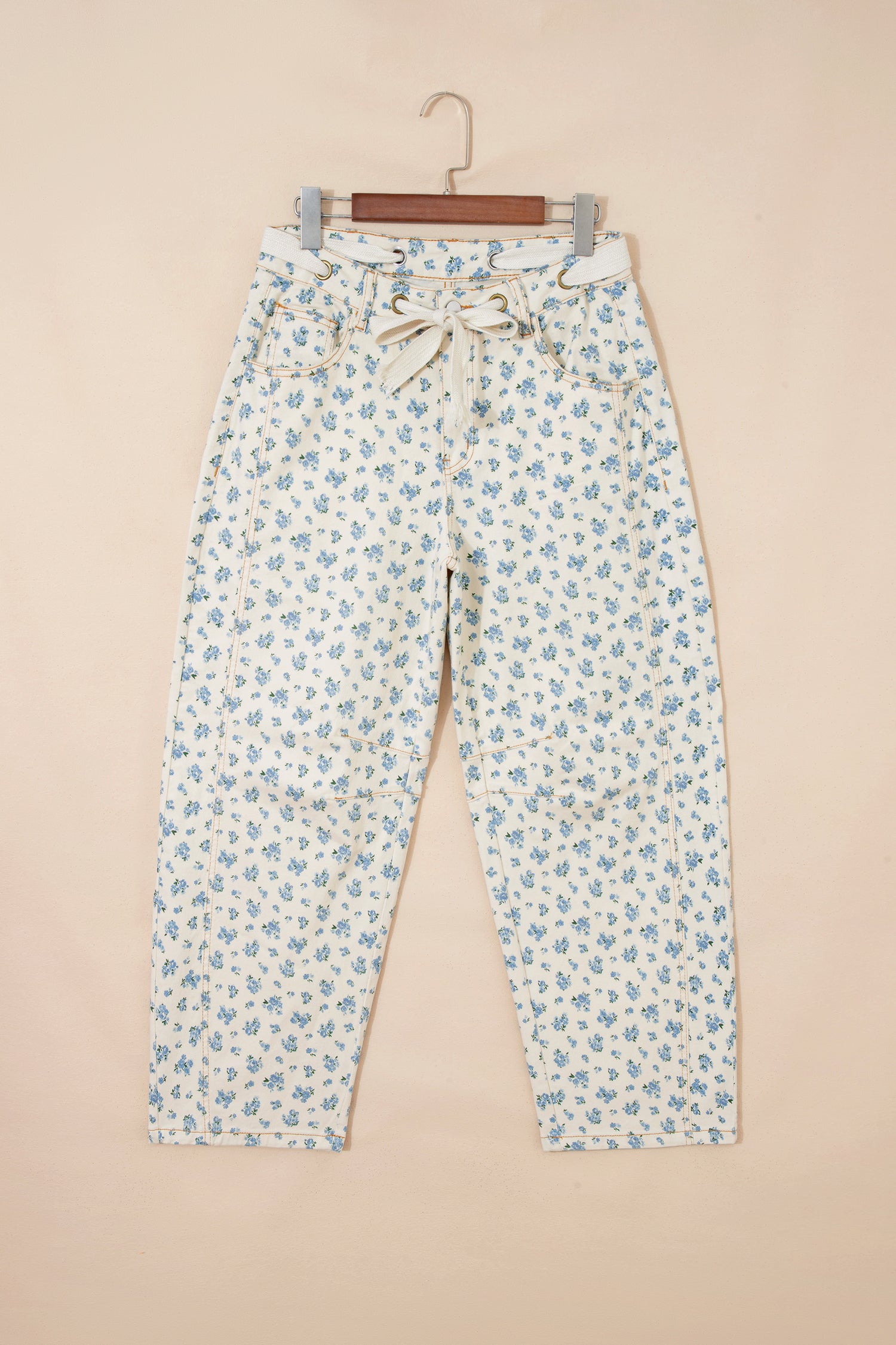 Beige Grommet Knot Waist Floral Barrel Leg Jeans | UK 8–18