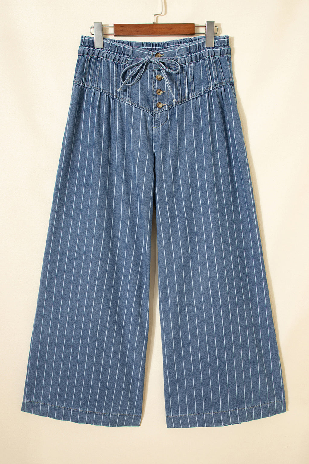 Women's Stripe Button Pleated Drawstring Waist Casual Wide Leg Jeans Denim Trousers Blue at LivelyLooks
