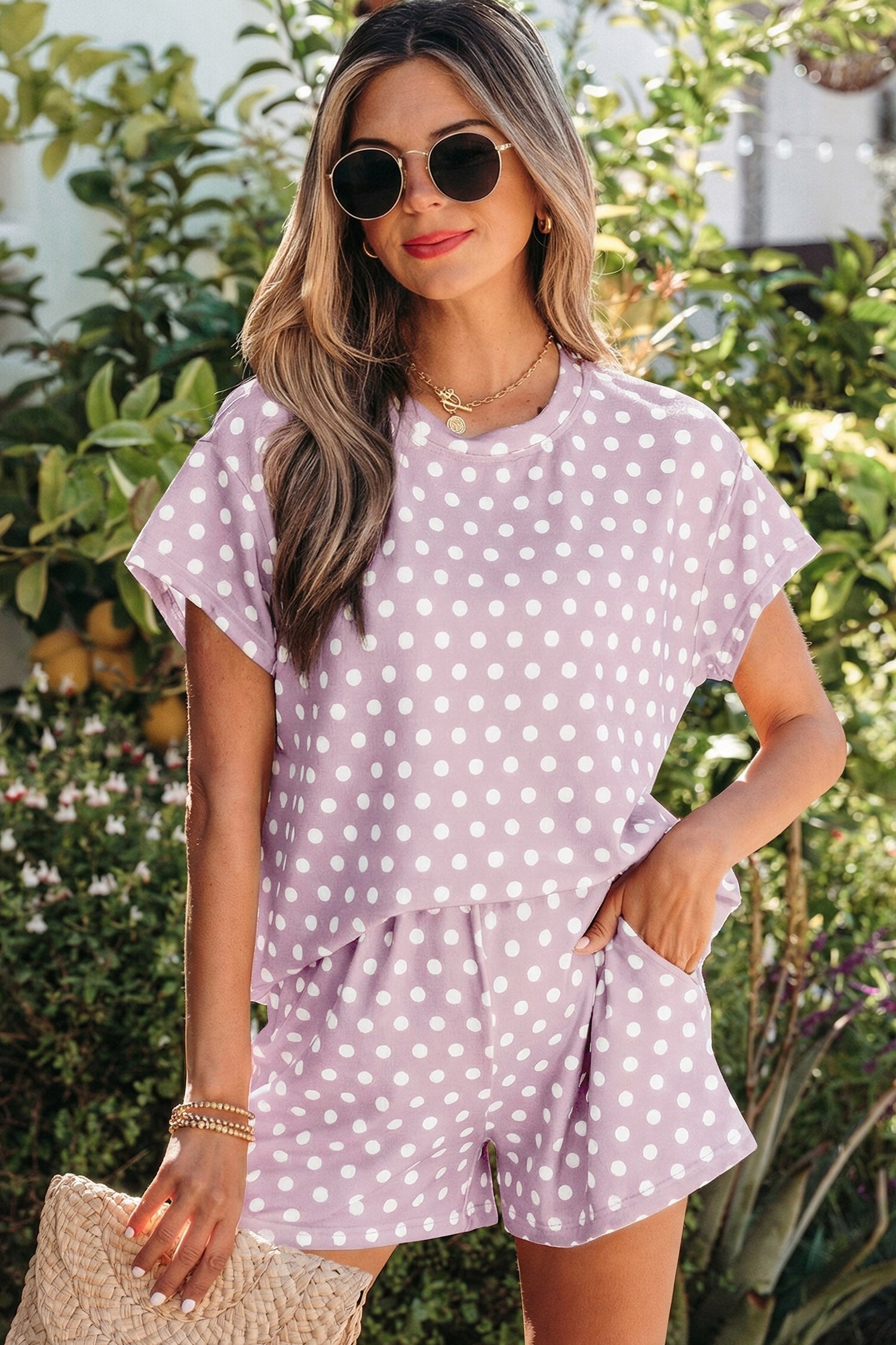 Women's Polka Dot Print Short Sleeve Top & Shorts Co-ord Set S-2XL at LivelyLooks
