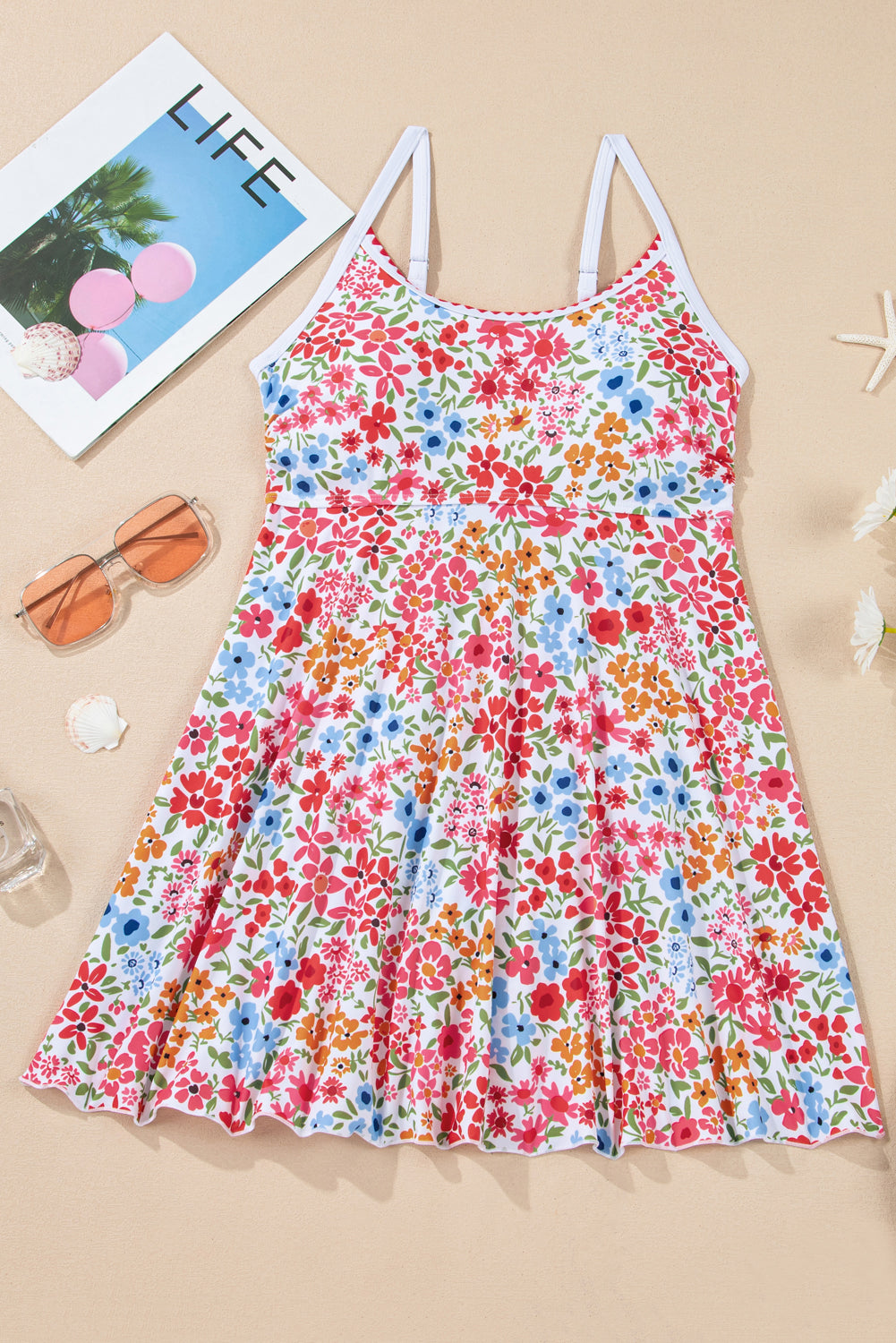 Women's Women Floral Print Ricrac Trim Spaghetti Strap One Piece Swim Dress S-2XL at LivelyLooks