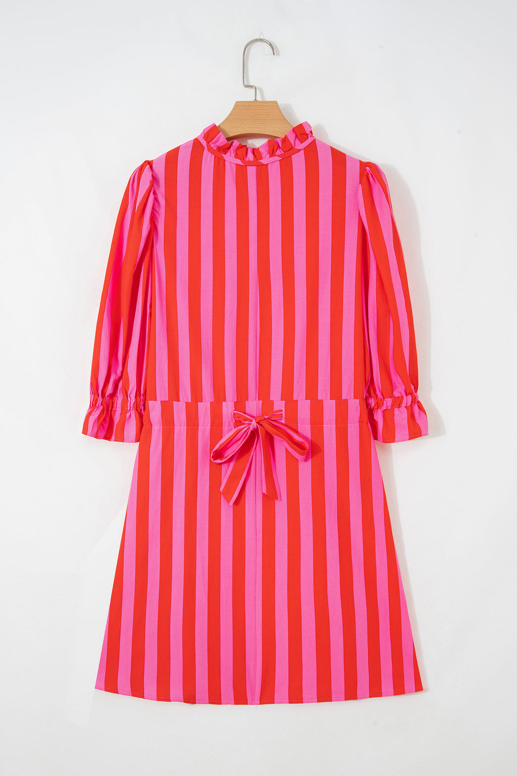 Striped Puff Sleeve Mini Dress | Half Button Loose Fit | Red & Yellow
