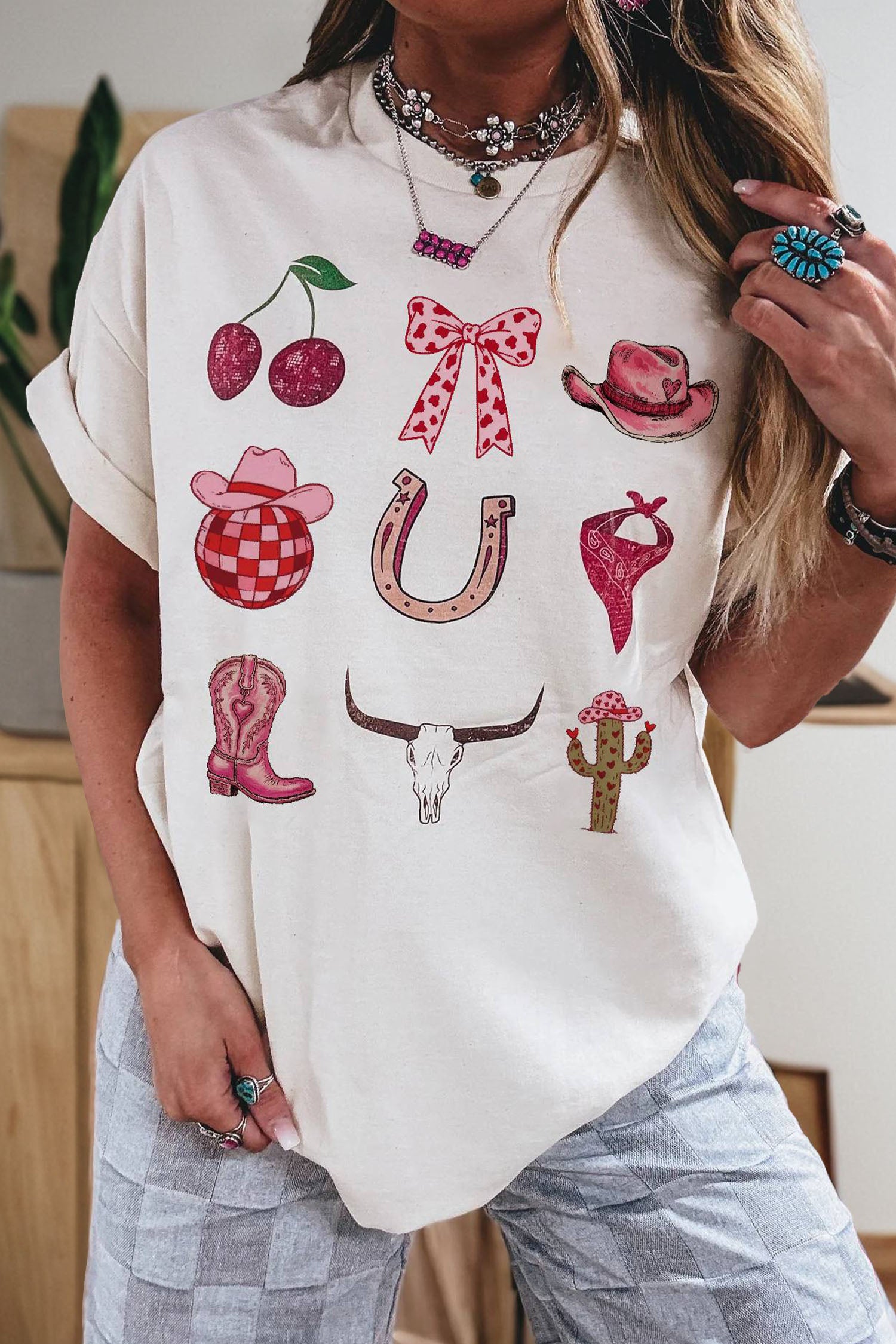 Women's White Coquette Cowgirl Elements Printed Relaxed Tee at LivelyLooks