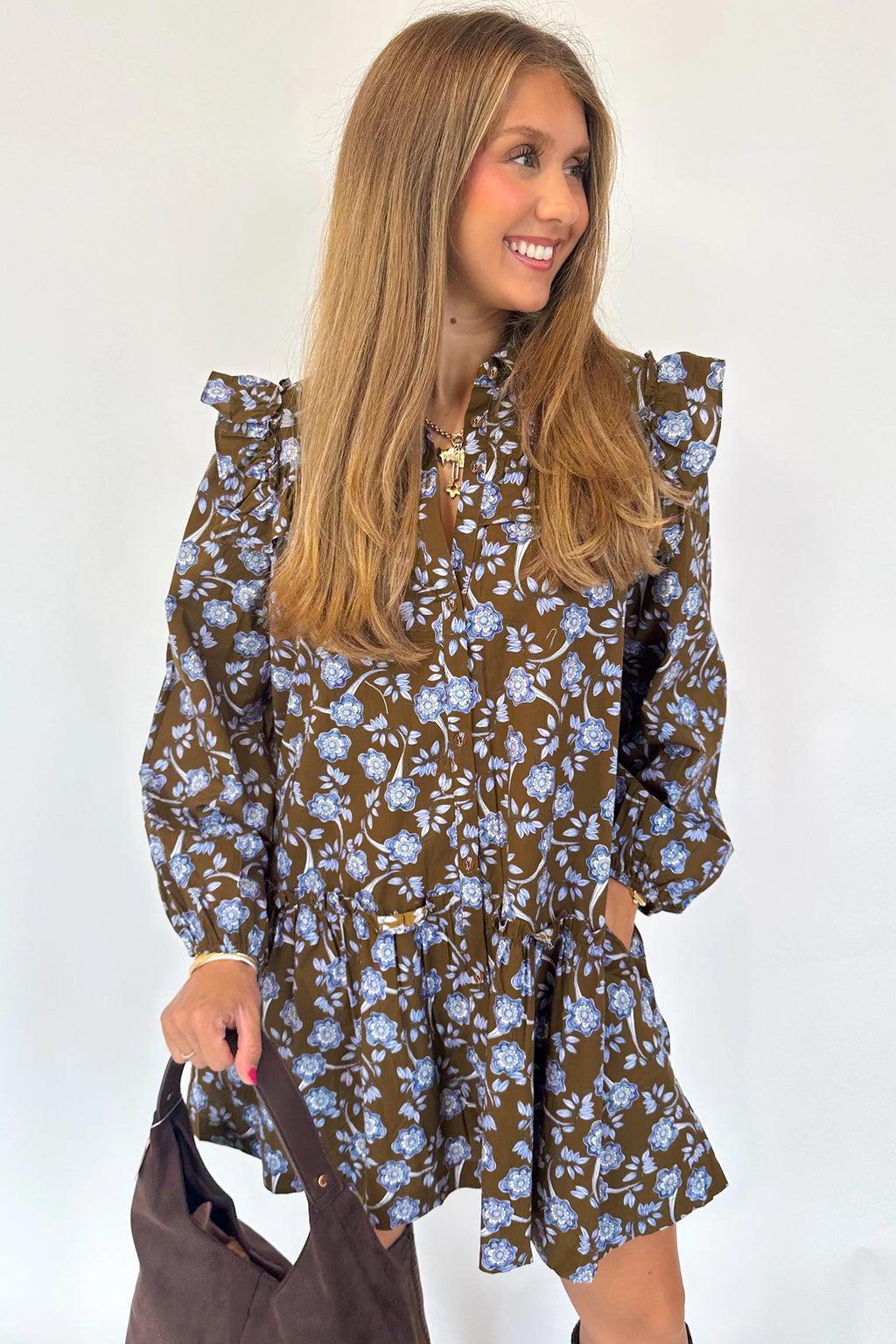 Brown Floral Print Shirt Dress Ruffled Detail Collar Button Down Long Sleeve Women S-XL