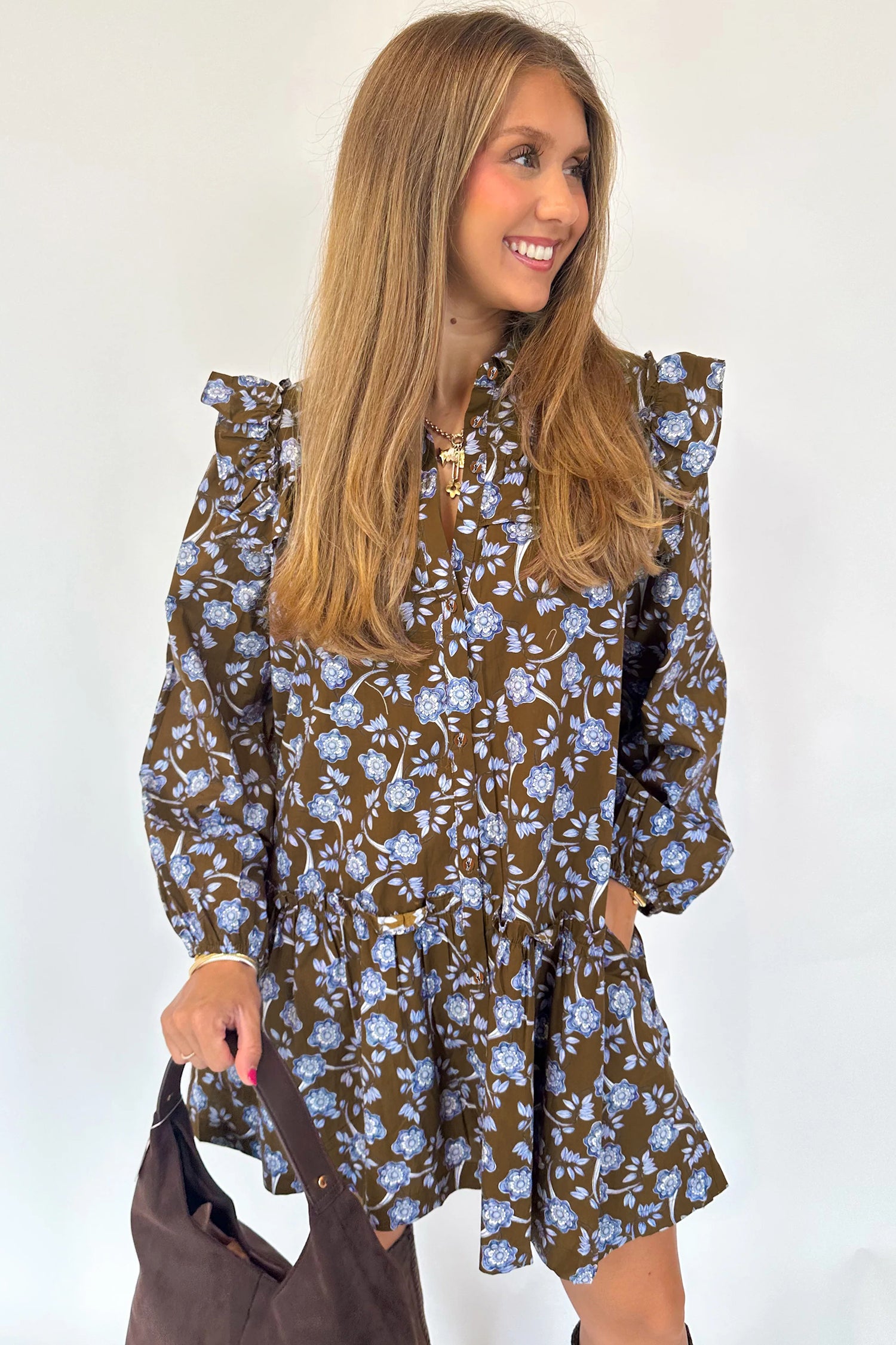 Brown Floral Print Shirt Dress Ruffled Detail Collar Button Down Long Sleeve Women S-XL