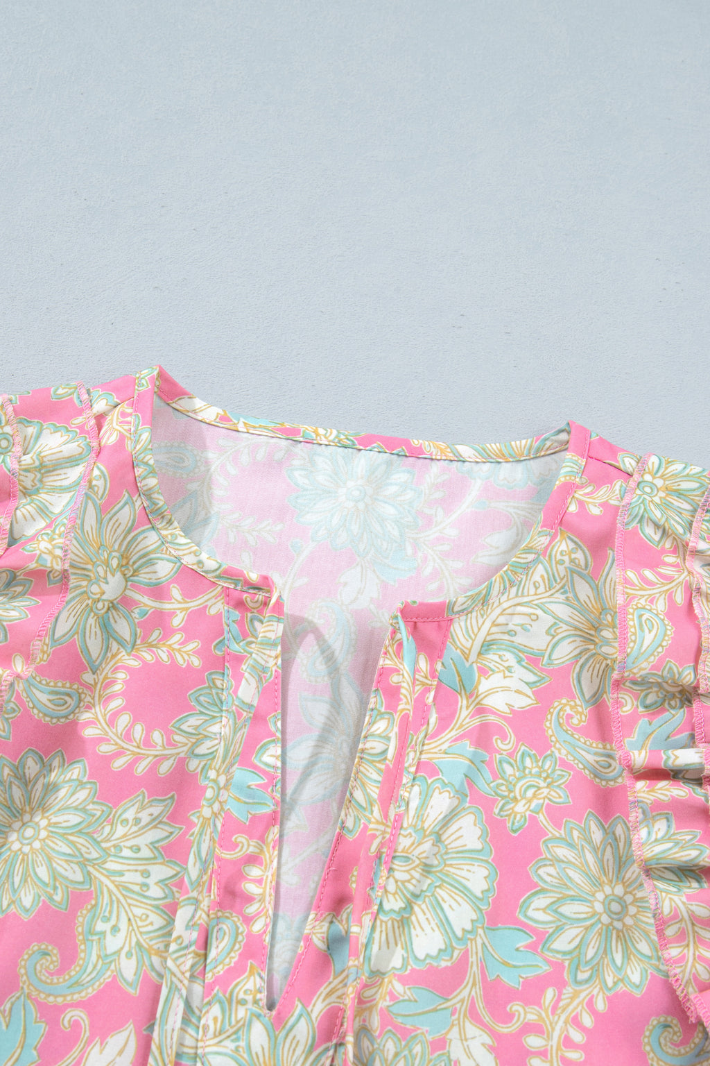 Pink Floral Tie Neck Short Puff Sleeve Blouse
