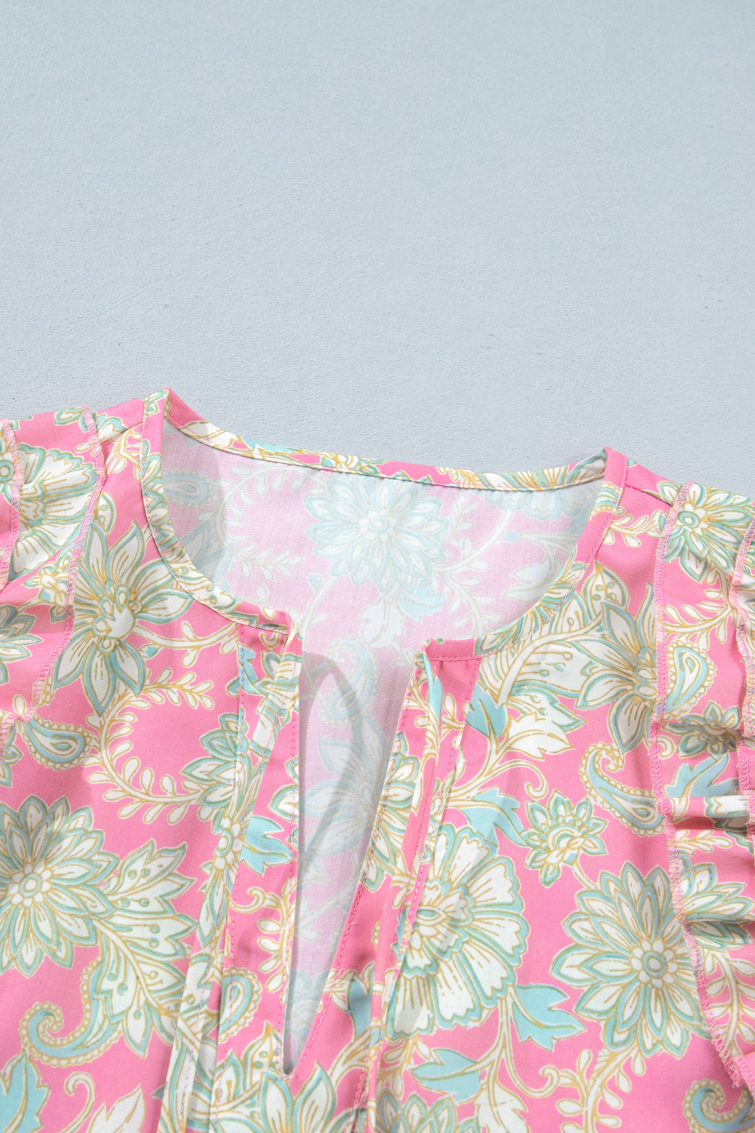 Pink Floral Tie Neck Short Puff Sleeve Blouse