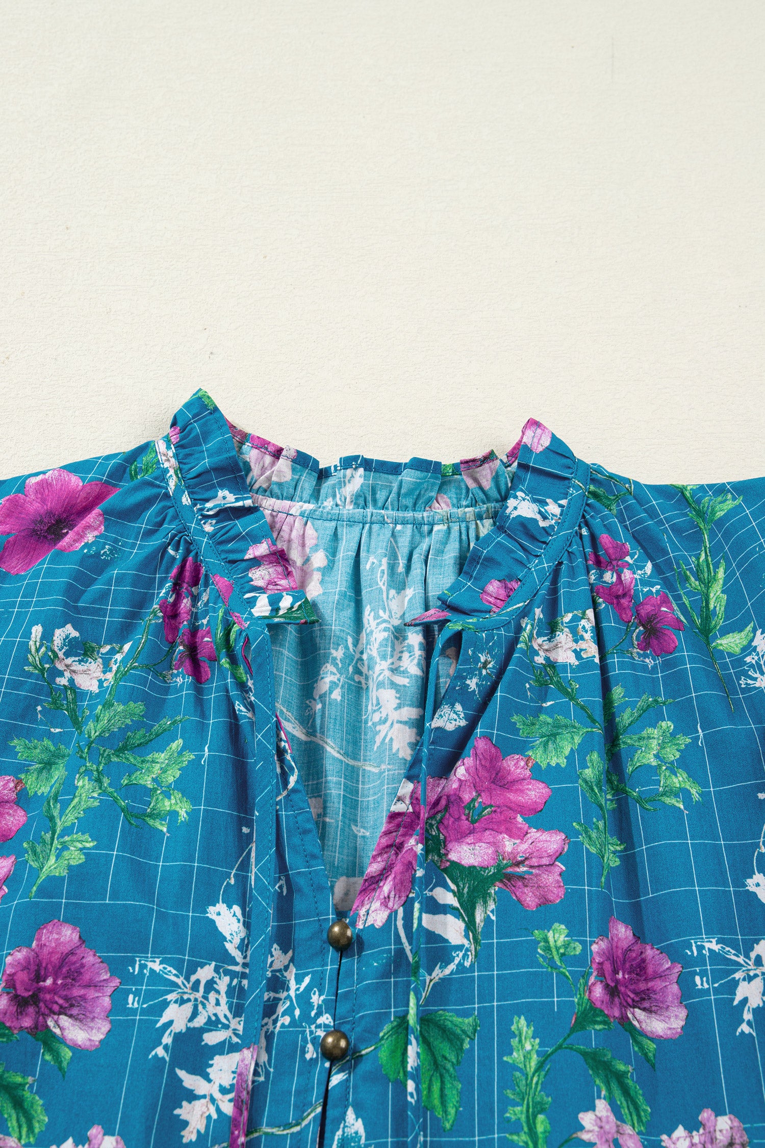 Blue Floral Flutter Sleeve Button Tie Split Neck Belted Long Dress S-XL