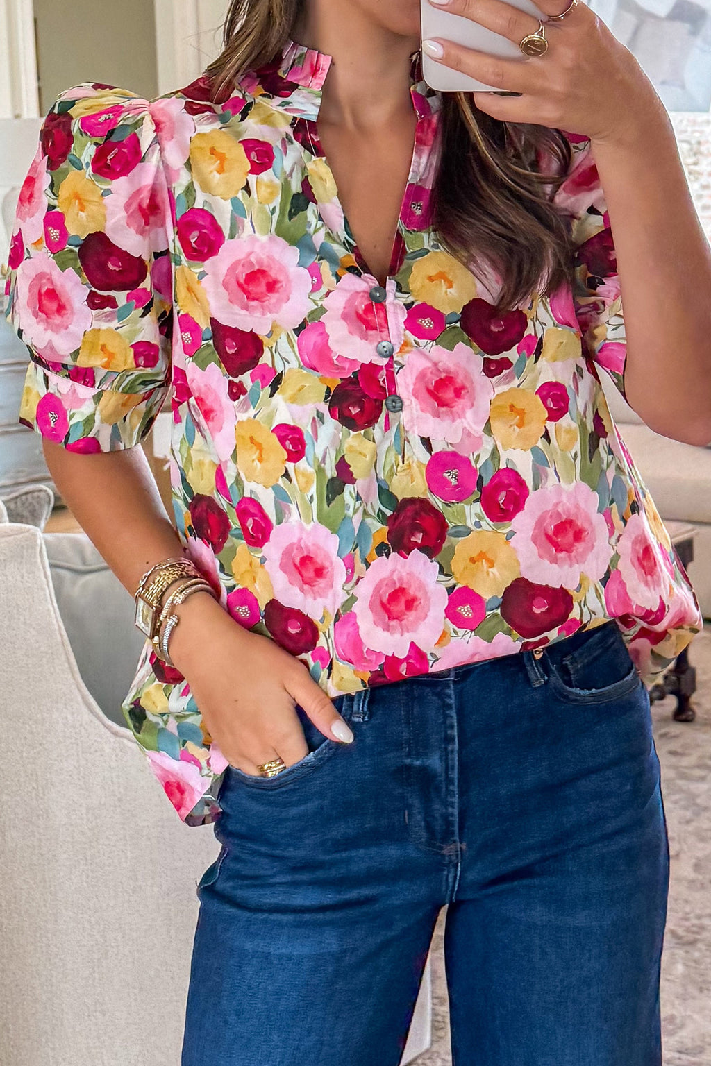 Pink Floral Frilled V Neck Puff Sleeve Blouse