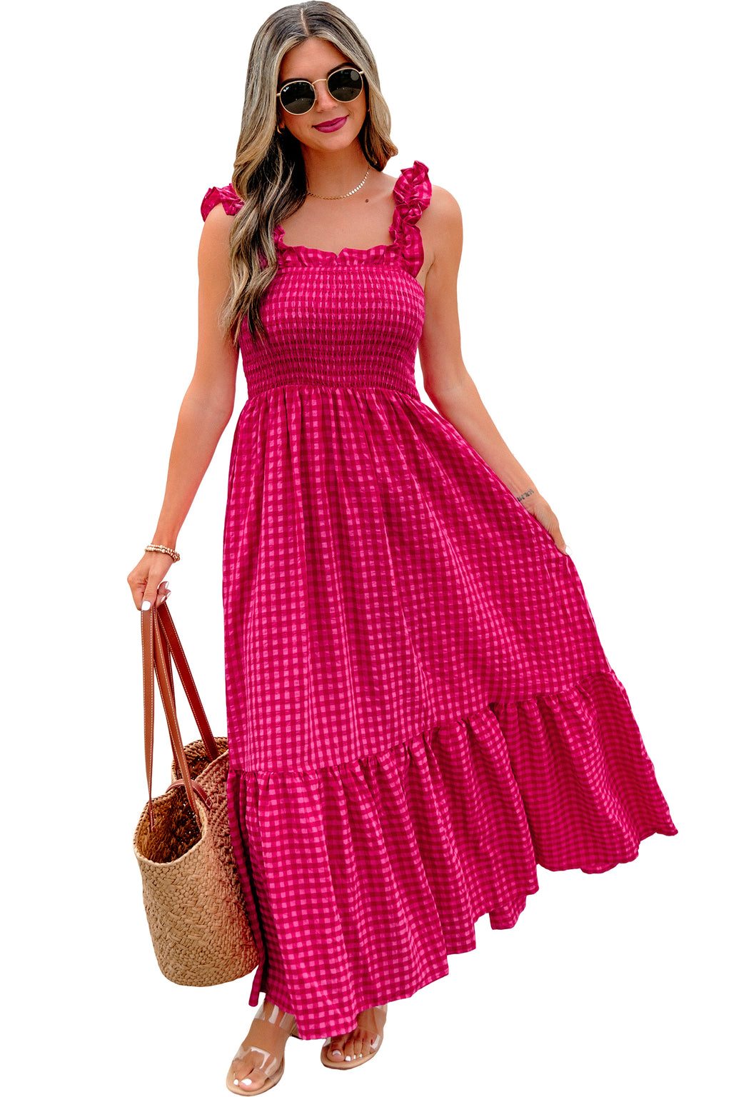 Red Plaid Fit & Flare Sundress Square Neck Vacation Women S-XL