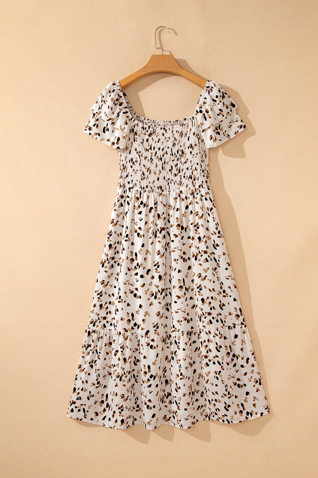Women's Beige Ditsy Floral Smocked Square Neck Ruffle Sleeve Midi Dress S-XL at LivelyLooks