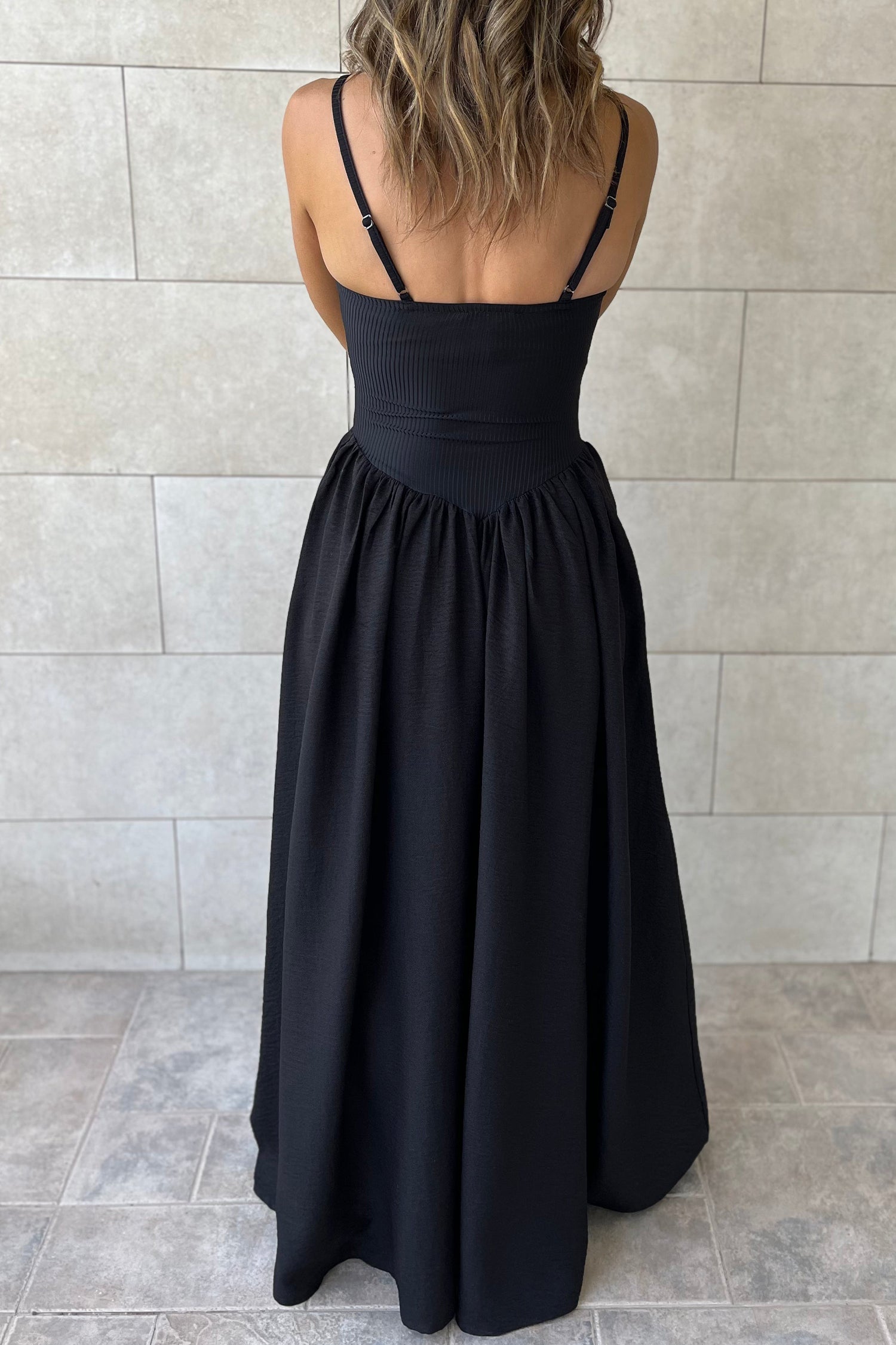 Black Spaghetti Strap Drop Waist Ribbed Patchwork Maxi Dress