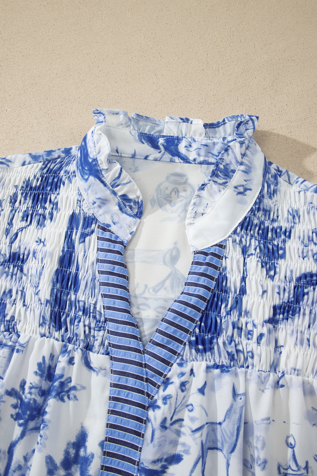 Blue Wild Animal Print Blouse Striped Detail V Neck Short Sleeve Women S-XL