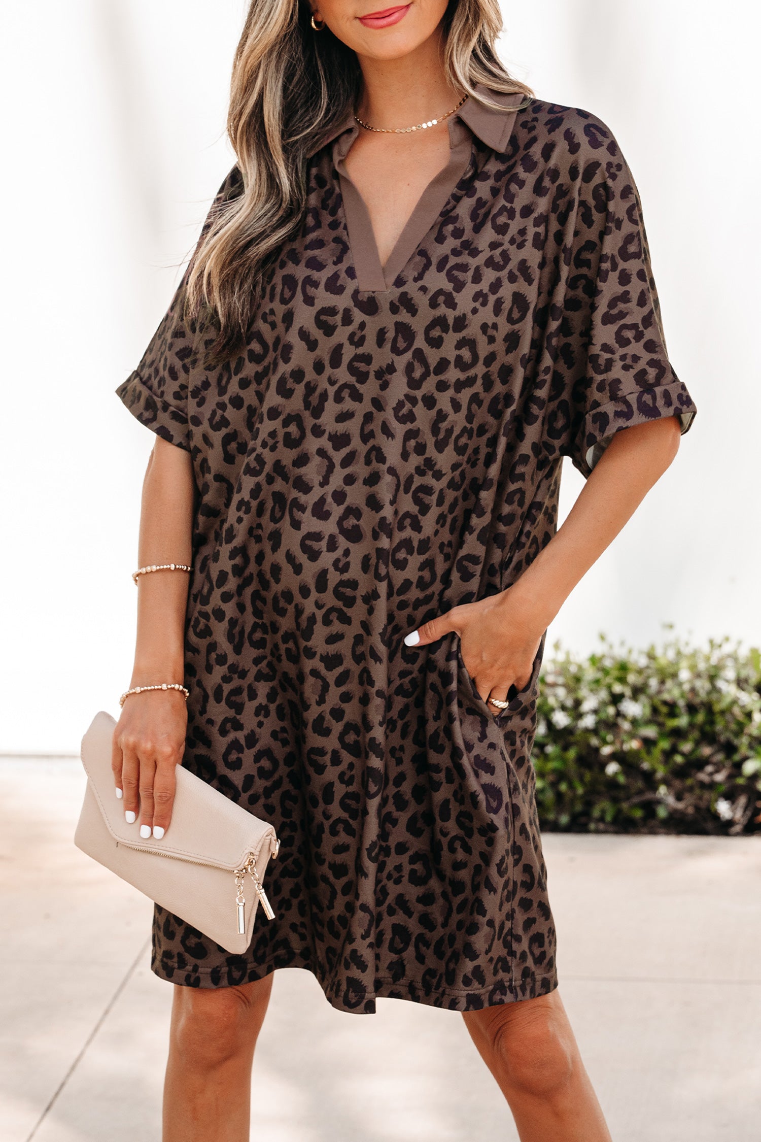 Brown Leopard Print Contrast Collar V Neck Mini Dress S-XL