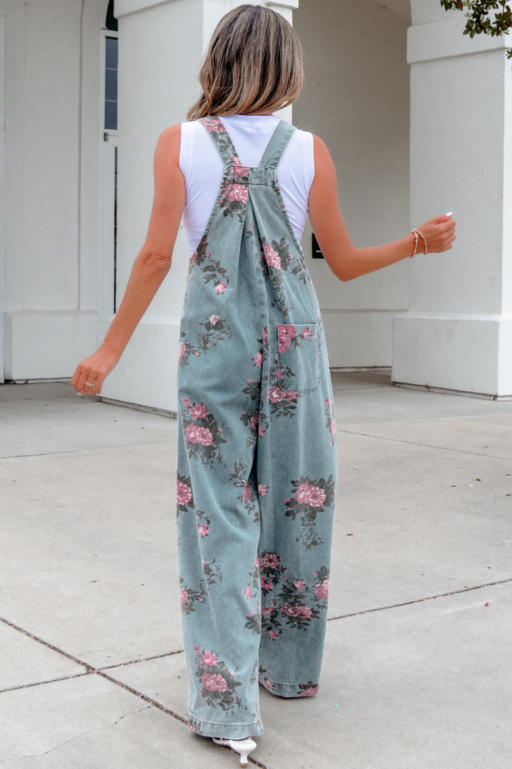 Floral Print Pleated High Waist Wide Leg Denim Jumpsuit | S-XL
