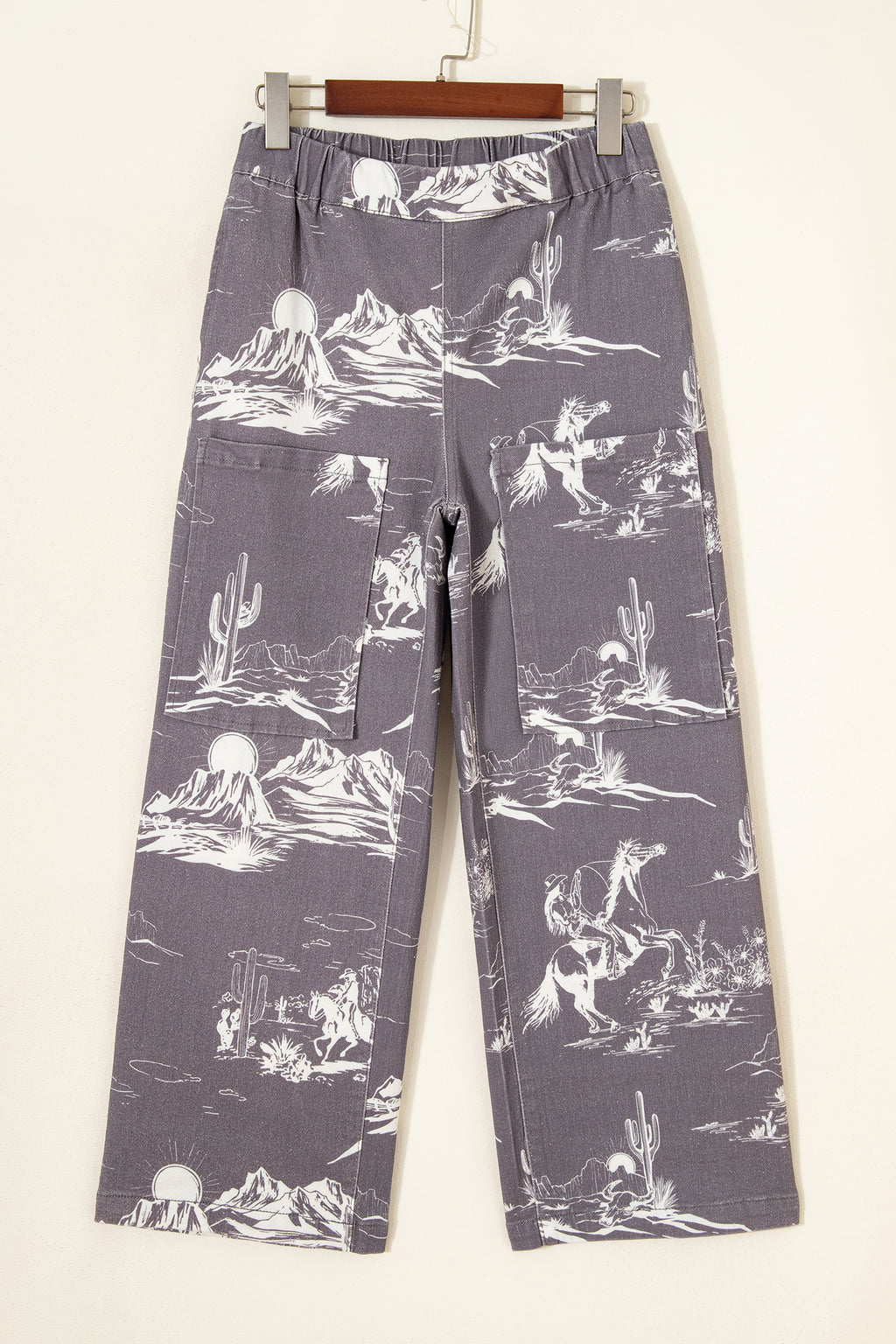 Women's Grey Wild West Print Straight Leg Jeans Elastic Waist UK 4-16
