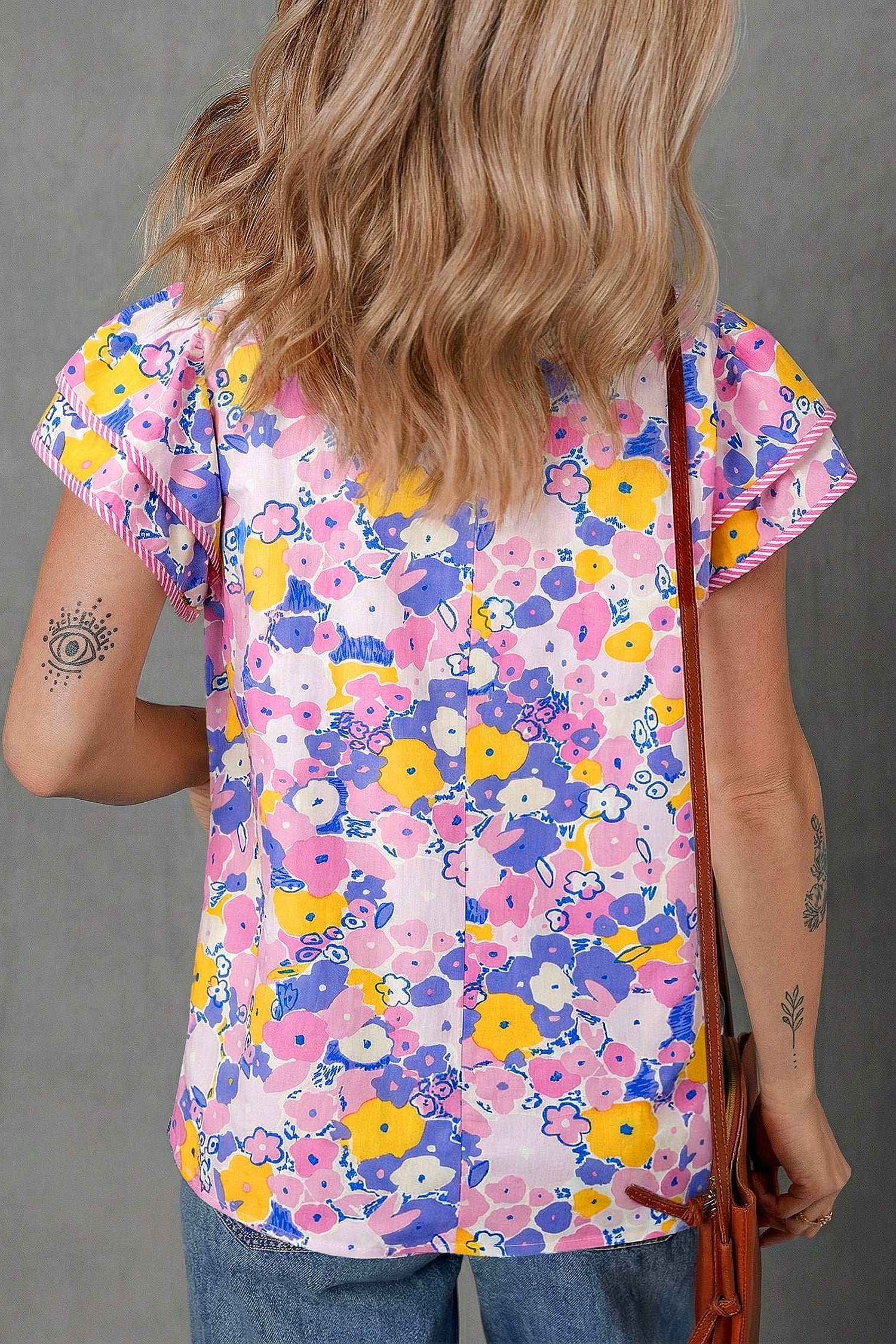 Shop Pink Playful Floral Print Striped Color Block Patchwork V Neck Flutter Sleeve Blouse at LivelyLooks