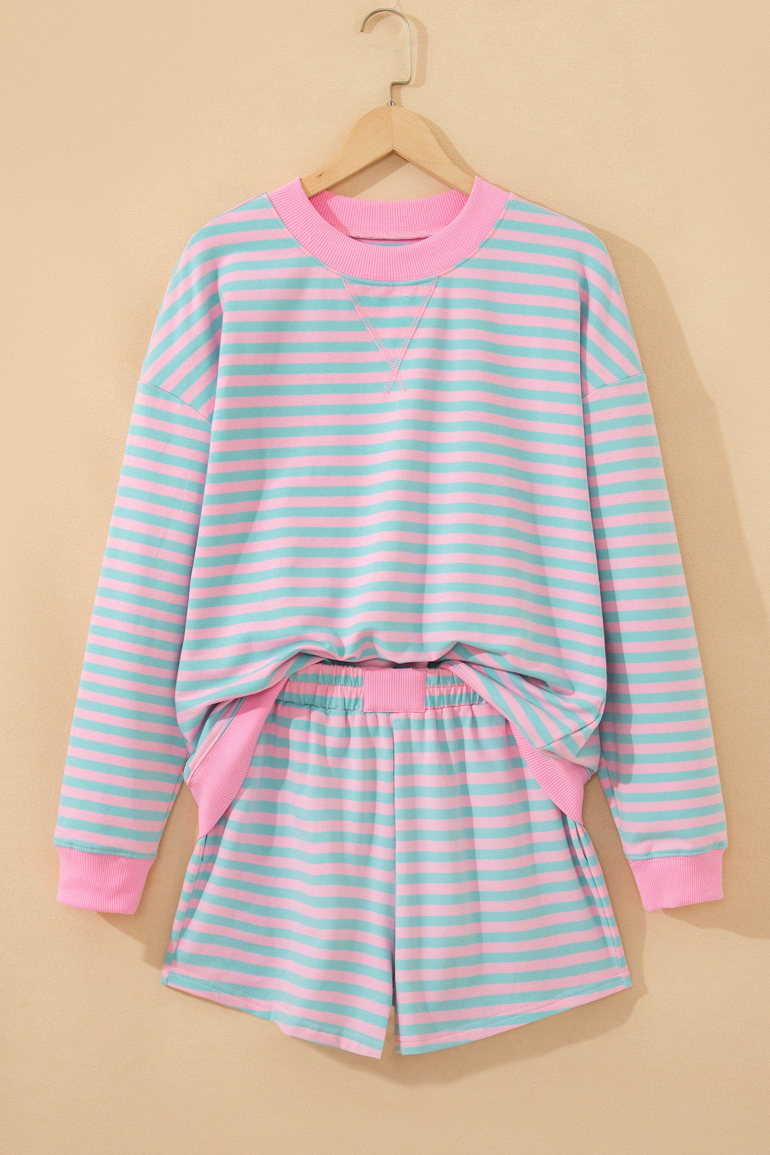 Stripe Colour Block Long Sleeve Pullover & Shorts Set | Pink, Yellow & Green Stripe