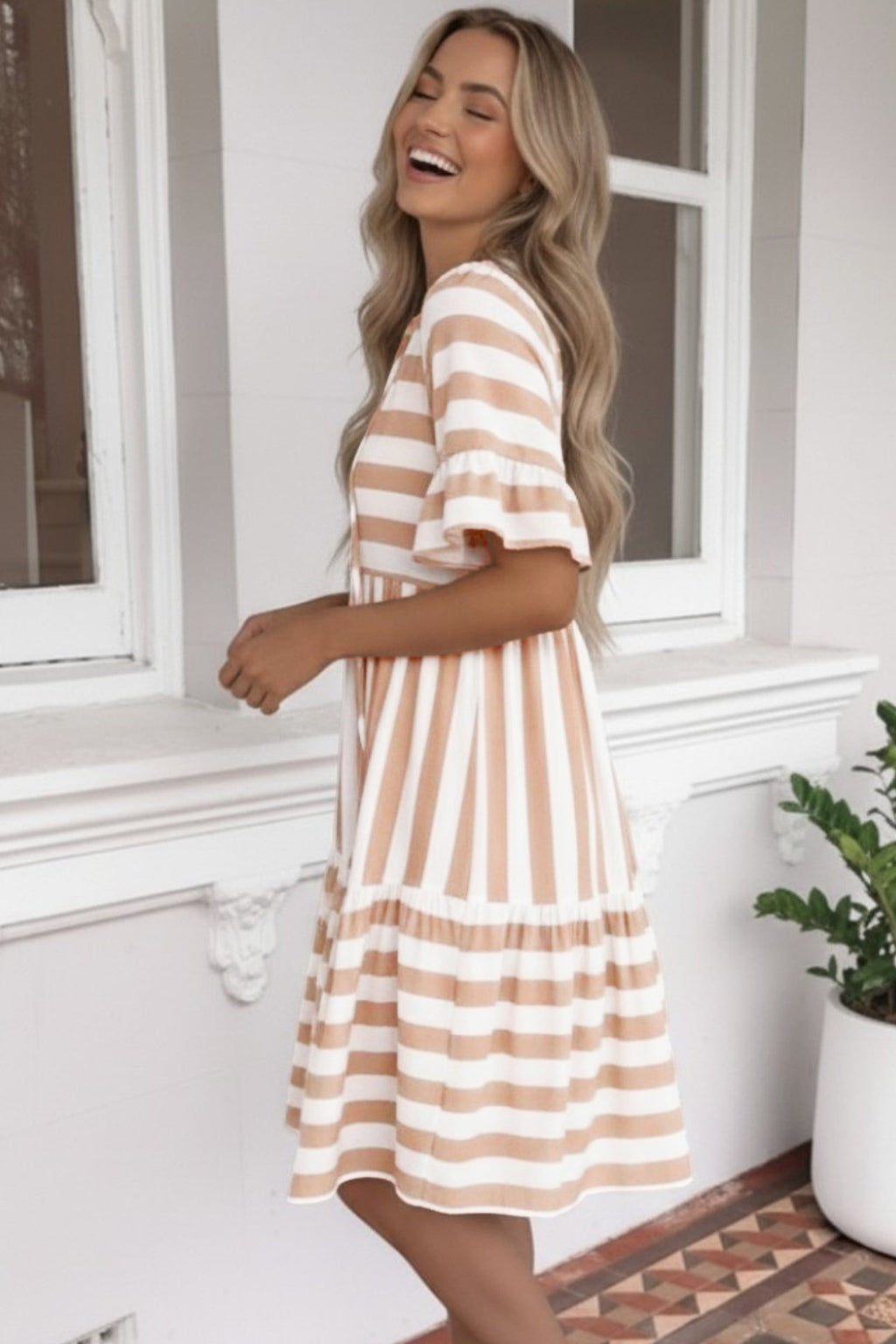 Khaki Stripe Tie V-Neck Ruffle Sleeve Flared Summer Dress | Side Pockets
