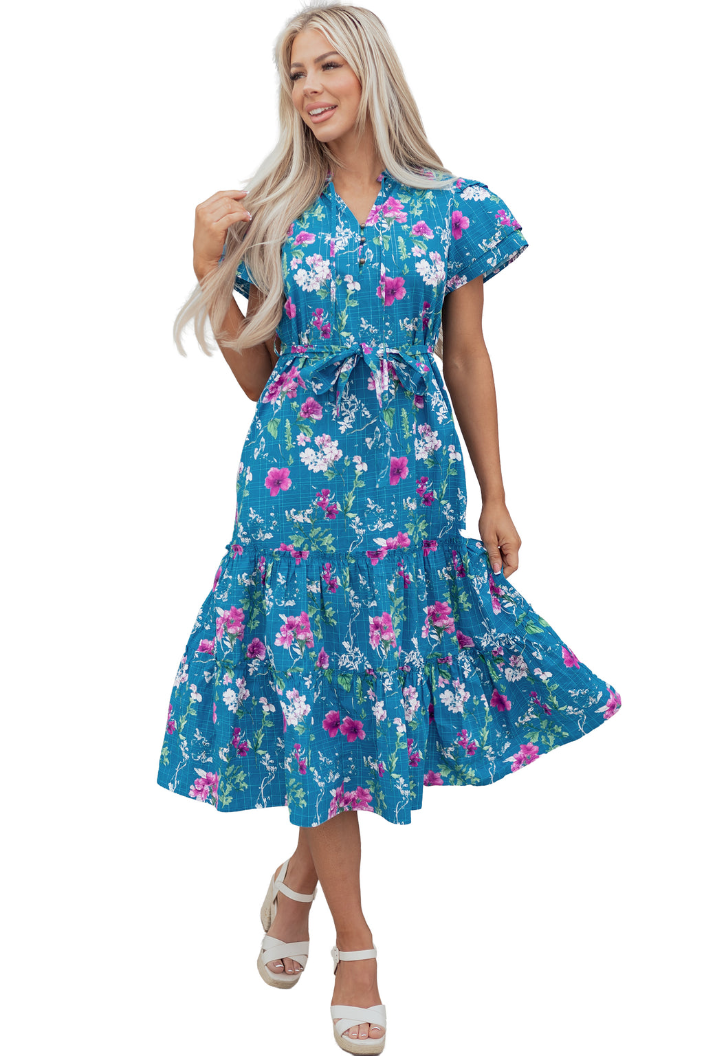 Blue Floral Flutter Sleeve Button Tie Split Neck Belted Long Dress S-XL