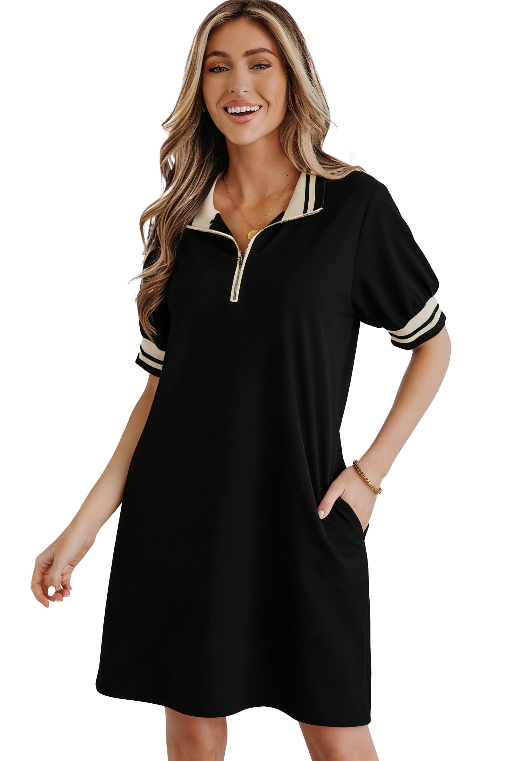 Black Striped Webbing Trim Polo Tee Dress Preppy Short Sleeve Women S-2XL