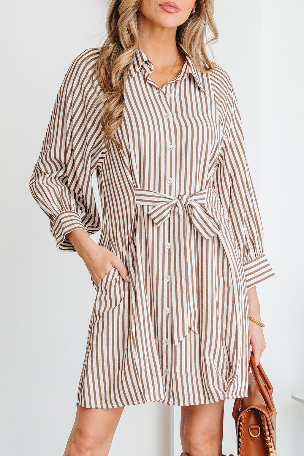 Brown Stripe Knot Waist Puff Sleeve Button Down Mini Shirt Dress S-XL