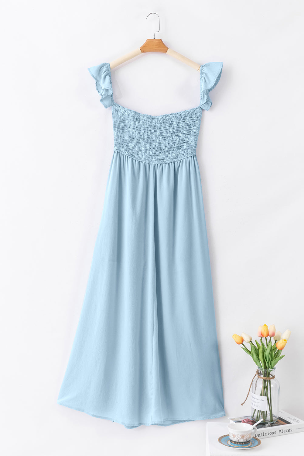 Sky Blue Off Shoulder Ruched Bust Sheer Slit Maxi Dress S-XL