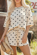 LivelyLooks White Polka Dot Exposed Seam Loose Tee & Drawstring Shorts Set S-XL women's fashion