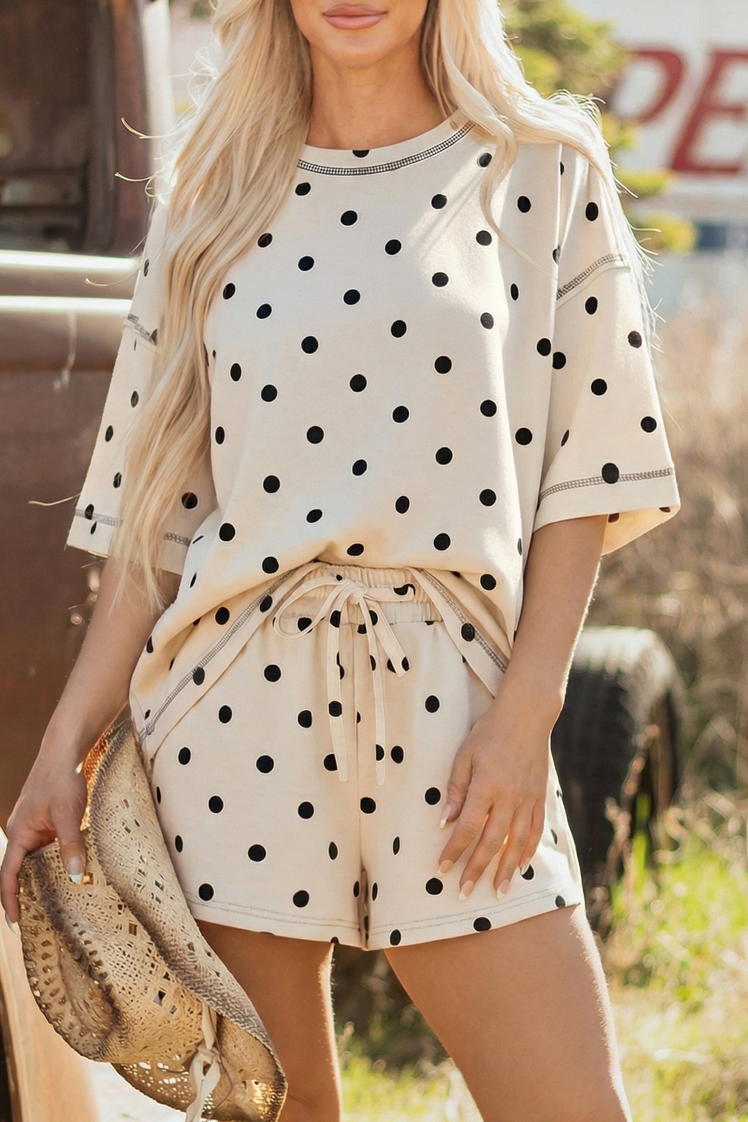 LivelyLooks White Polka Dot Exposed Seam Loose Tee & Drawstring Shorts Set S-XL women's fashion