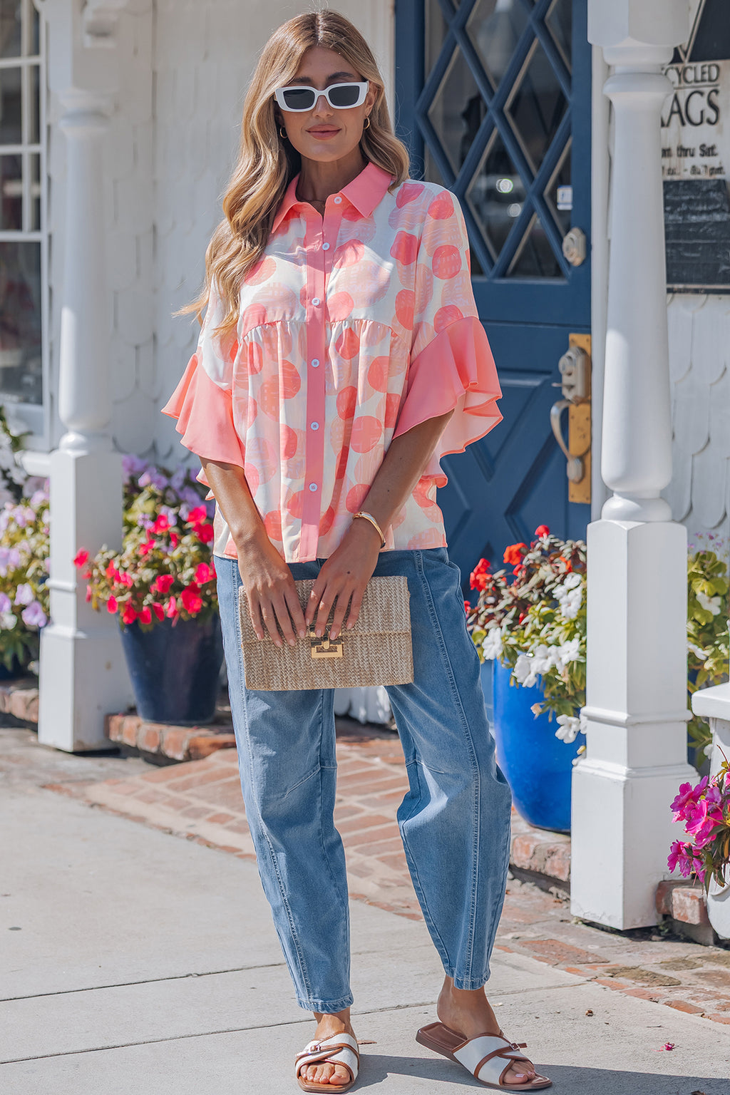 Shop Pink Polka Dot Babydoll Shirt Ruffle Trim Short Sleeve S-XL at LivelyLooks