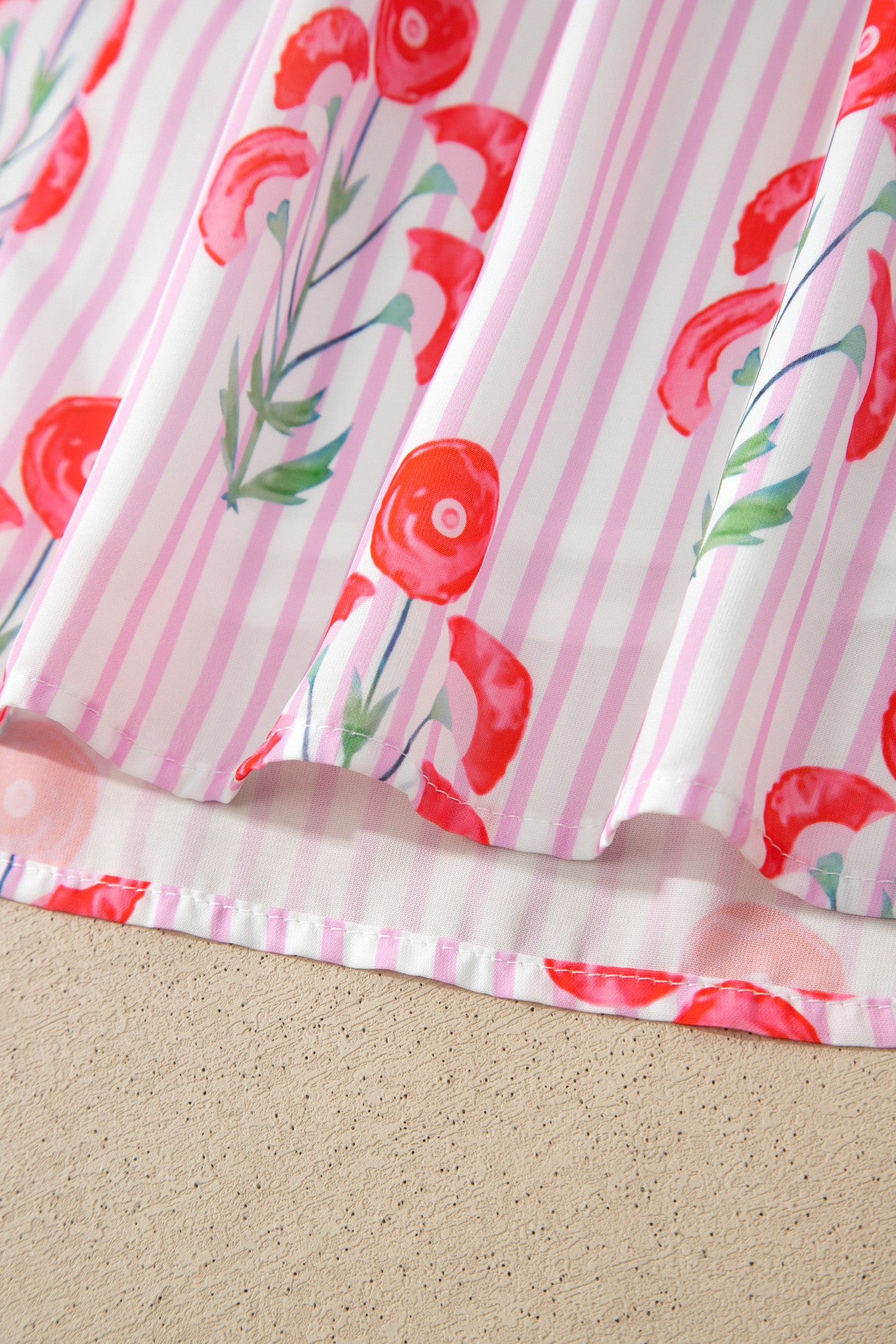 Pink & Sky Blue Floral Stripe Tie Notched Neck Puff Sleeve Mini Dress S-XL