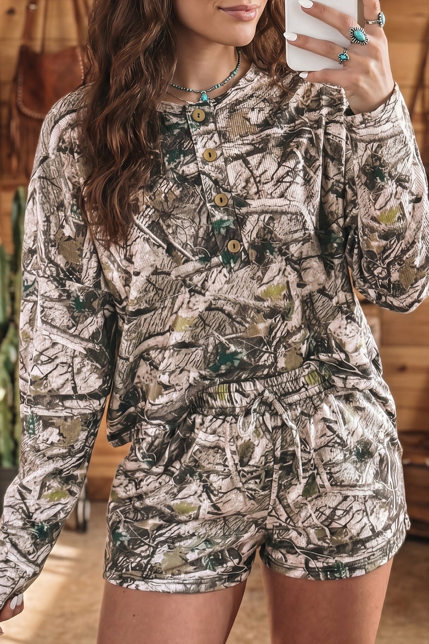 Brown Camo Long Sleeve Top & Elastic Waist Shorts Two Piece Set | UK 8–22