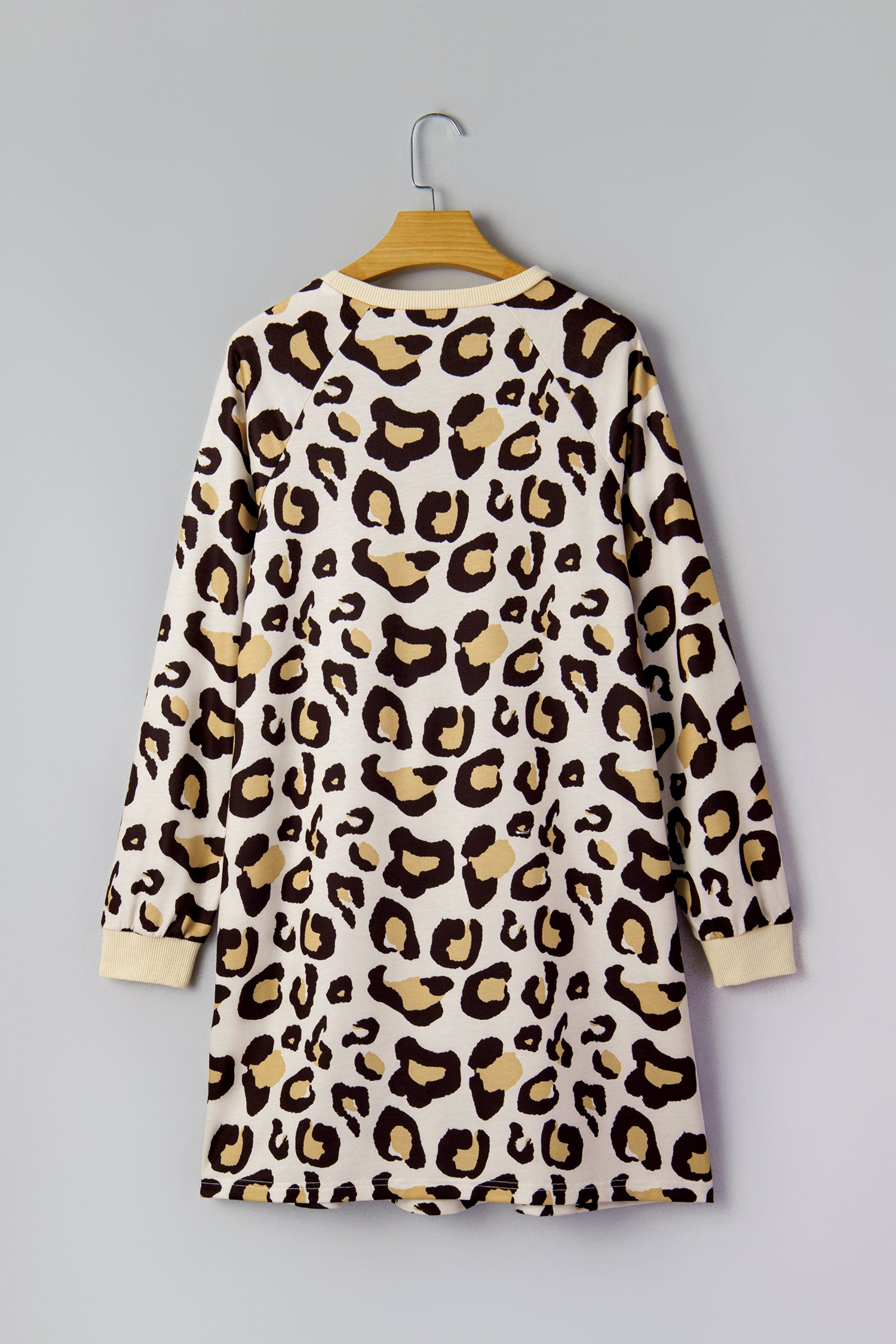 Women's Khaki Leopard Print Long Sleeve Shift T-Shirt Dress with Pockets at LivelyLooks