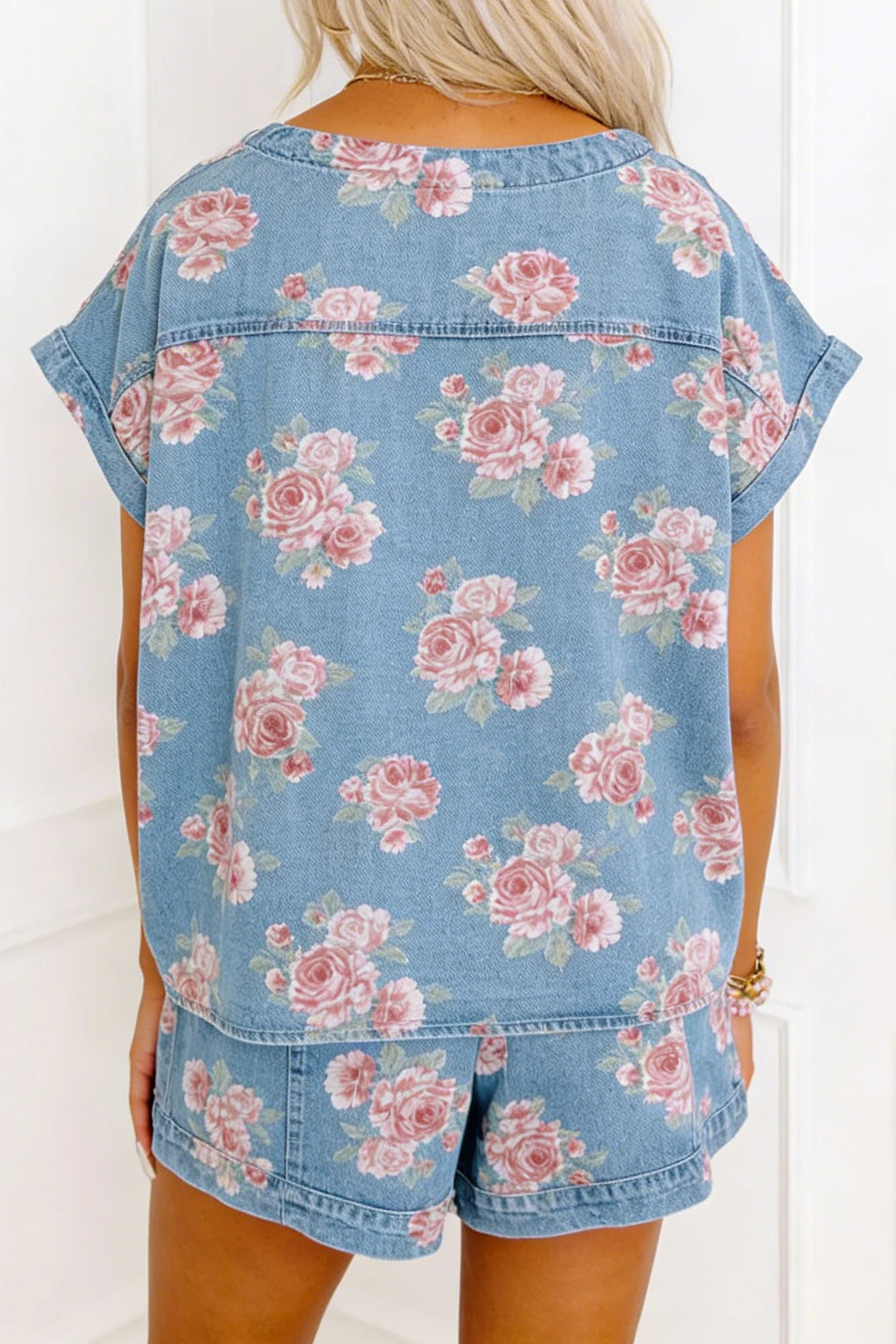 Sky Blue Floral Denim Short Sleeve Top & Loose Shorts 2pcs Set