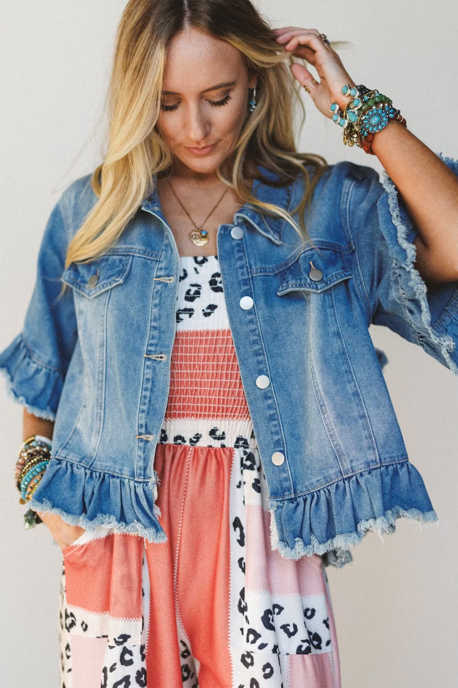 Blue Ruffle Hem Raw Edge Half Sleeve Western Denim Jacket | UK 8–22