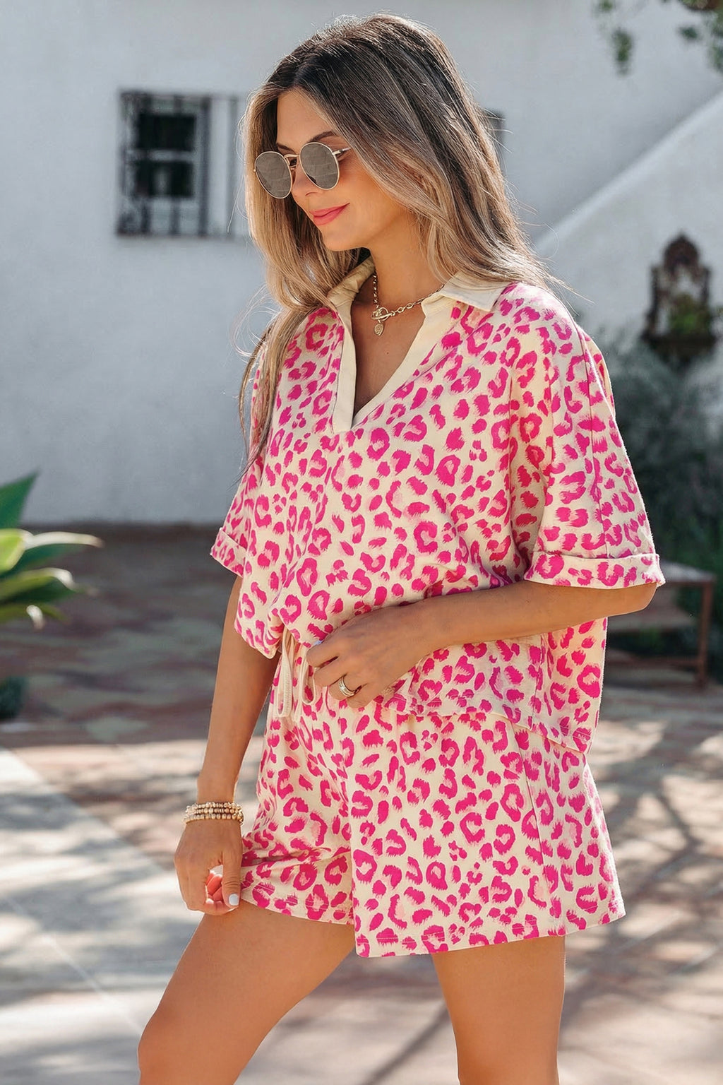 Leopard Print V-Neck Collar 2pcs Short Set | Rose, Khaki & Brown