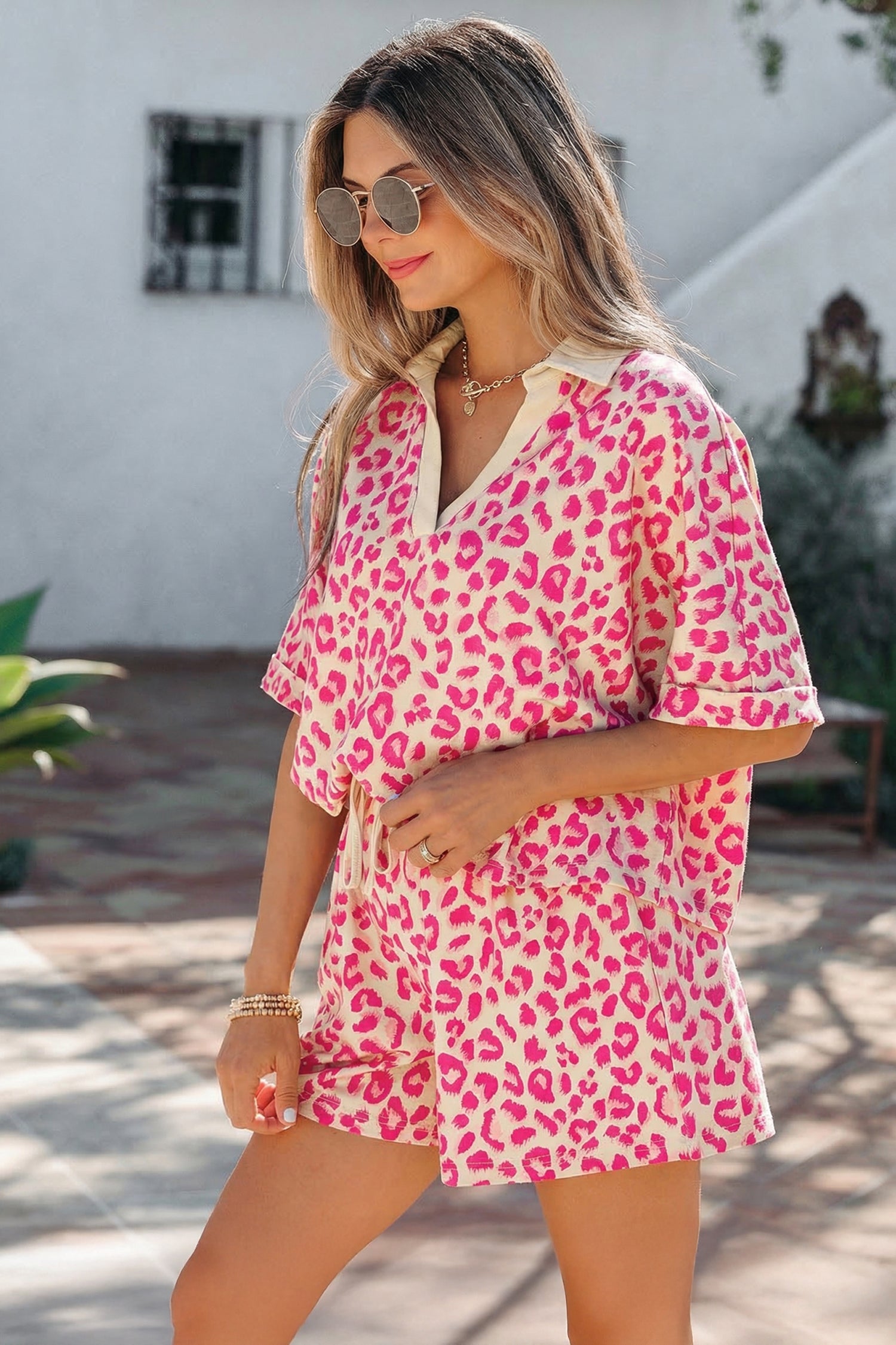 Leopard Print V-Neck Collar 2pcs Short Set | Rose, Khaki & Brown
