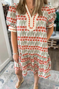 White Tulip Floral Print Cotton Puff Sleeve Rick Rack Mini Dress