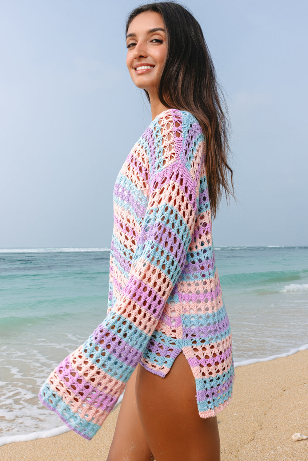 Women's Women's Stripe Open Knit Beach Cover Up Sweater | Orange & Purple | S-XL at LivelyLooks