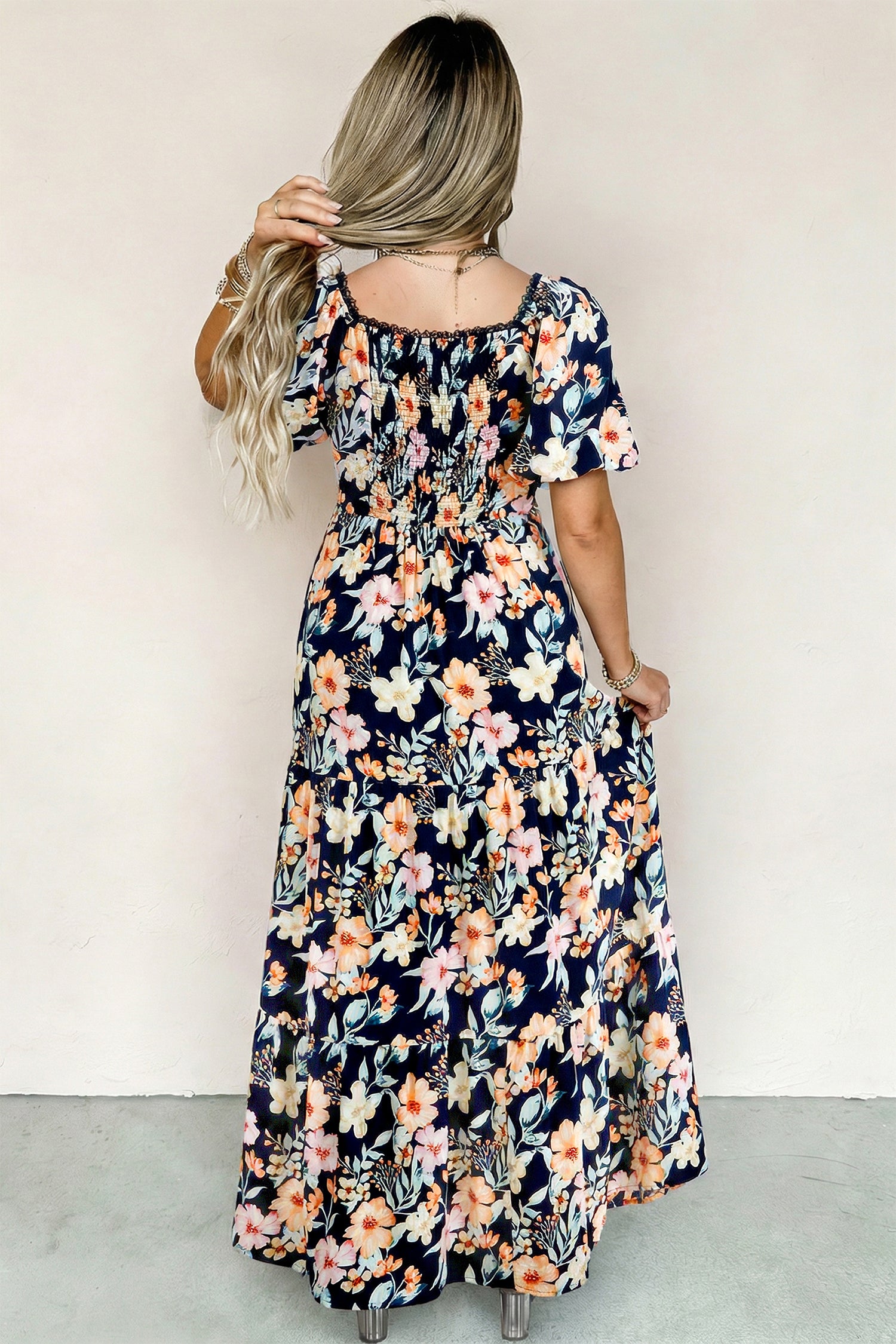 Women's Blue Floral Smocked High Waist Short Sleeve Maxi Dress at LivelyLooks
